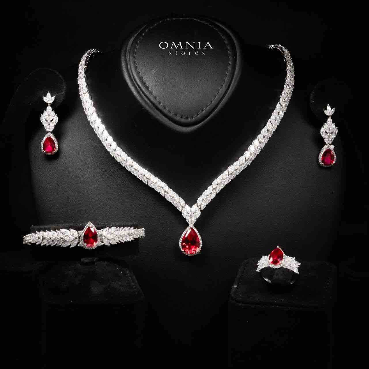 Omnia Aamira Teardrop-Design Bridal Red Full Set with High-Quality Zircon Stones in Rhodium-Plated Finish image number null