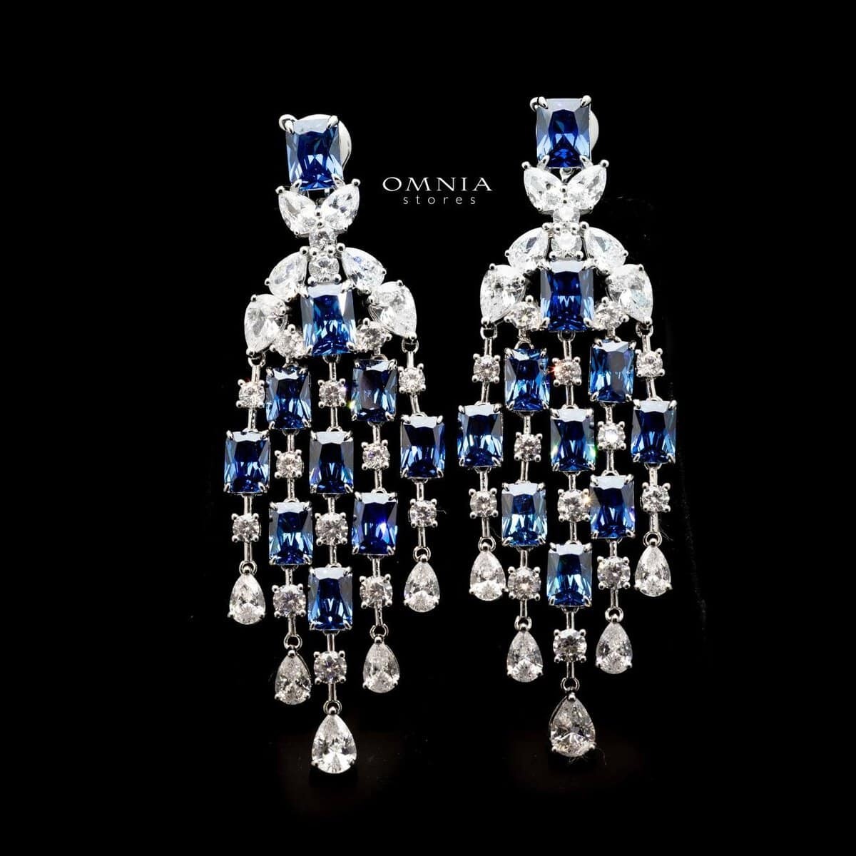 Omnia Israa Blue Chandelier Earrings In 92.5 Silver High Quality Simulated diamonds image number null