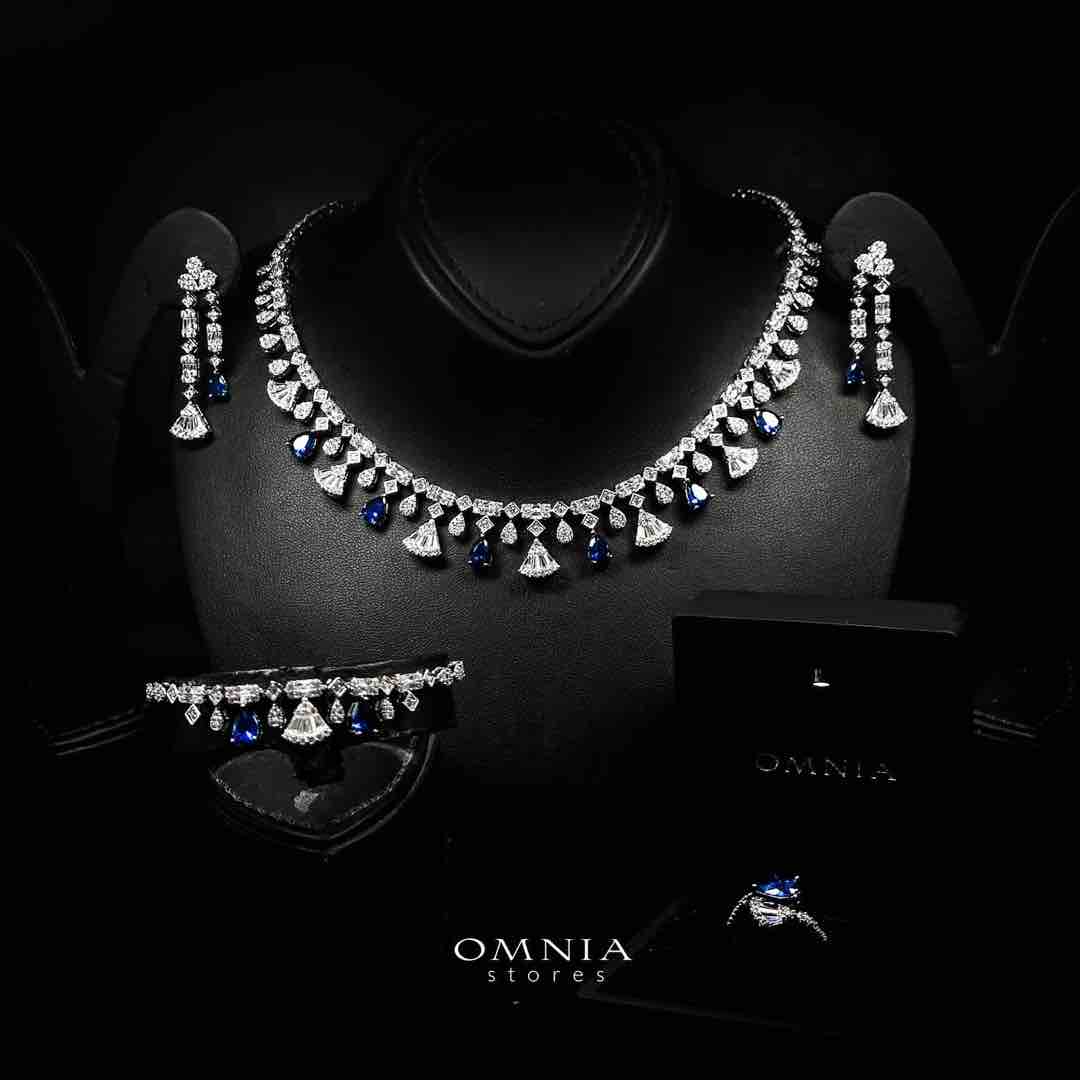 Omnia Marwa Blue Bridal Full Set in High Quality Zircon Stone Rhodium Plated image number null