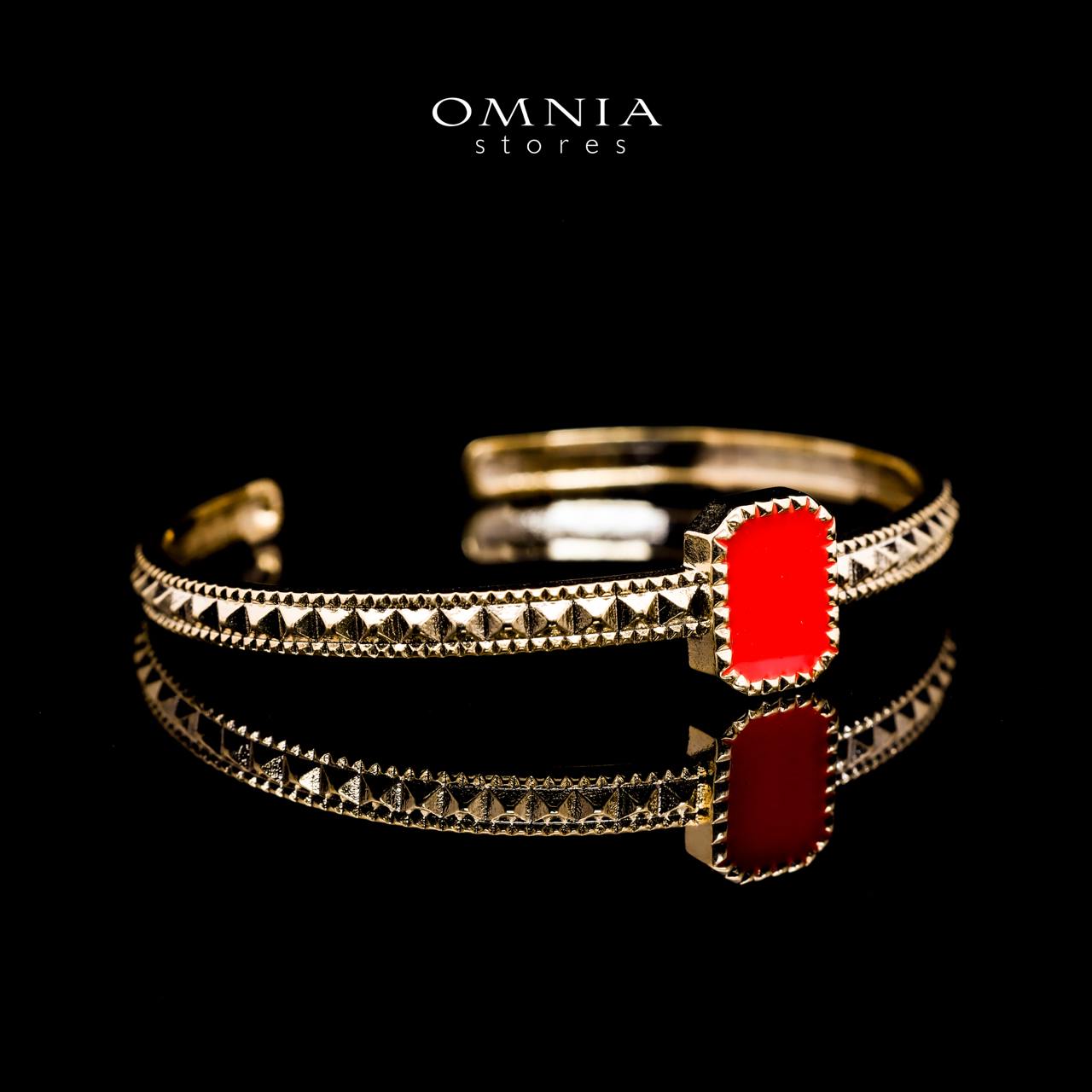 Omnia Golden Cuff With Bracelet and Ring with Red Square In Rhodium Plated image number null