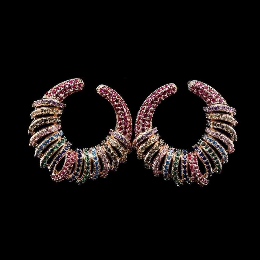 Omnia Narmeen Multicolored Spiral Hoop Earrings with High-Quality Zircon Stones in Rhodium-Plated Finish image number null