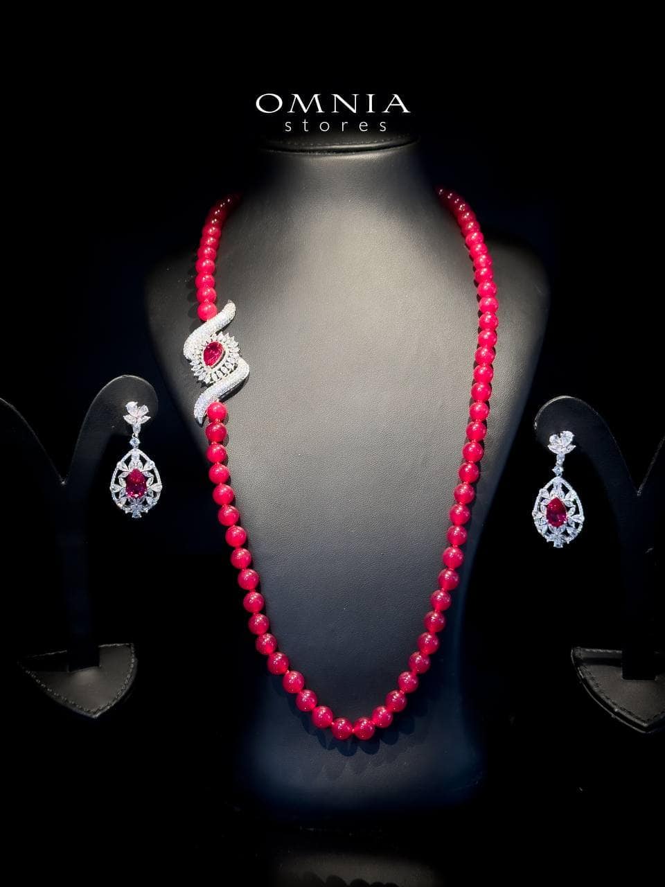 Omnia Irim Red Long Chain Set in High Quality Real Beads 92.5 Pure Silver Rhodium Plated image number null