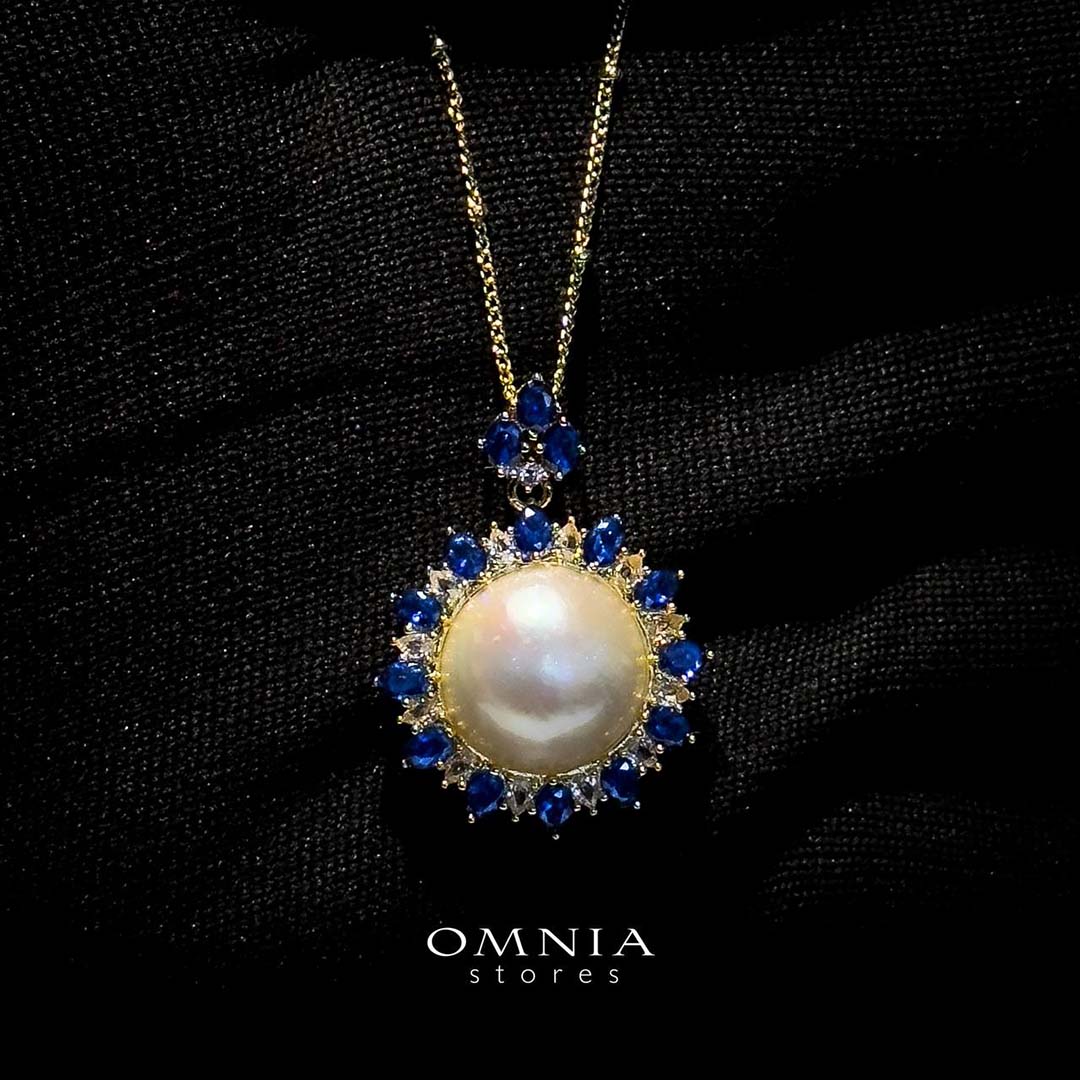Omnia Celeste White Mabel Pearl Halo Pendant Necklace with Blue Sapphire Accents in Brass with Gold Plated Finish image number null