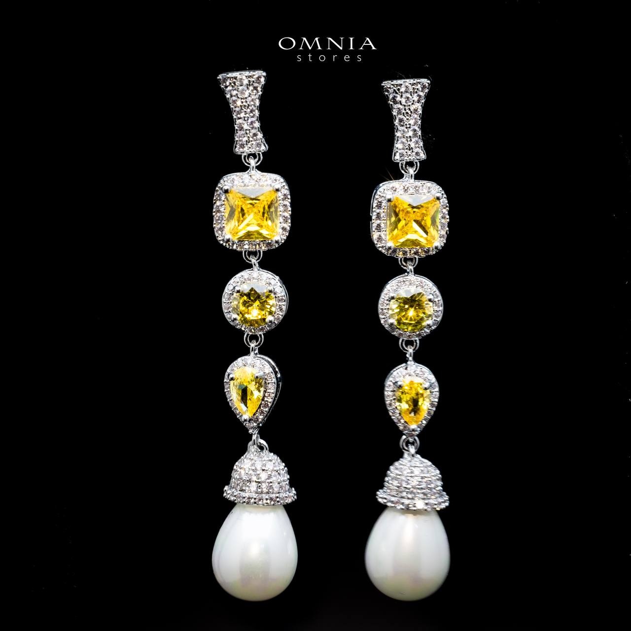 Omnia Farida Pearl Drop Earrings with High Quality Yellow Zircon Stone in Rhodium Plated image number null