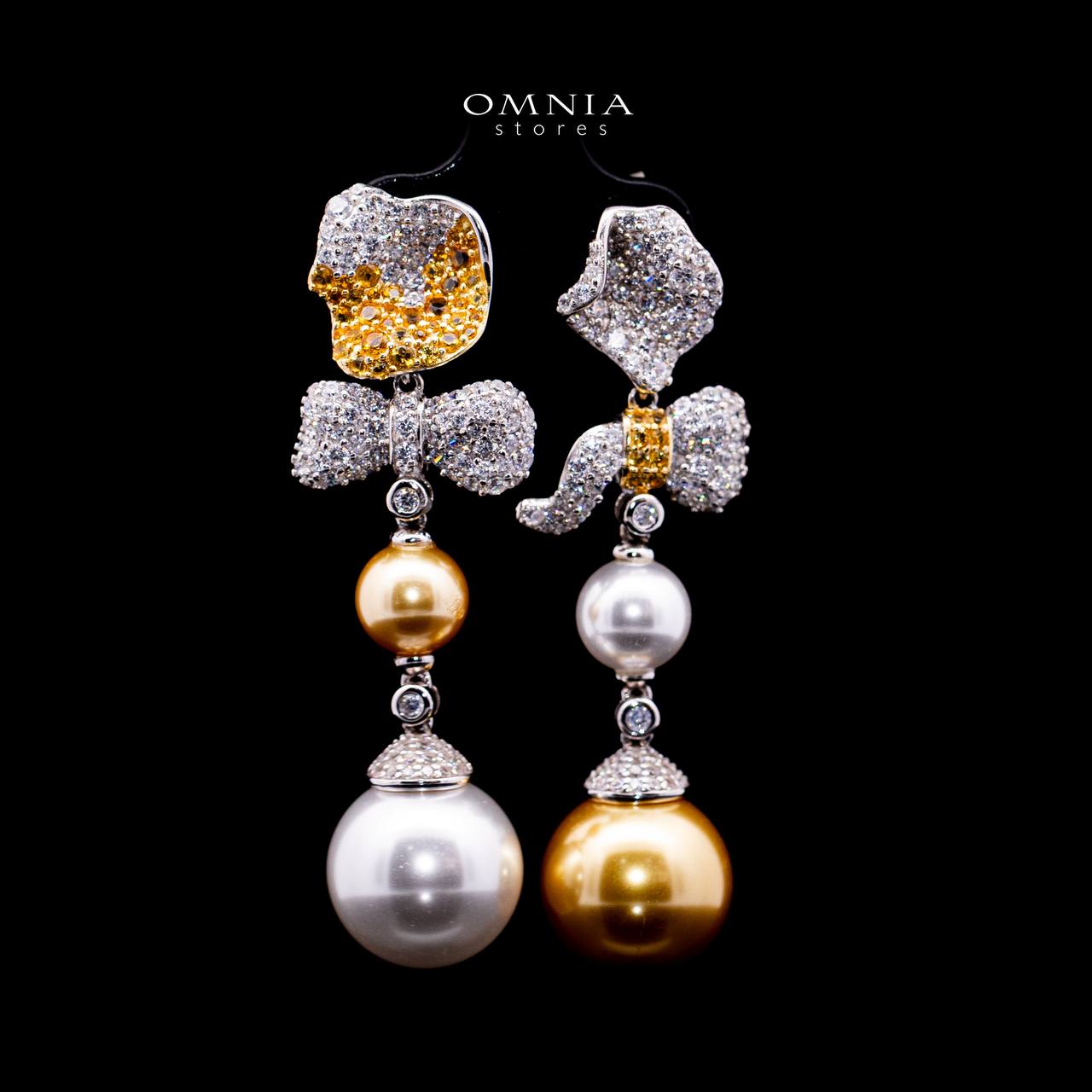 Omnia Haseena White and Gold Fresh Pearl Floral Drop Earrrings in 925 Silver In High Quality Simulated Diamonds image number null