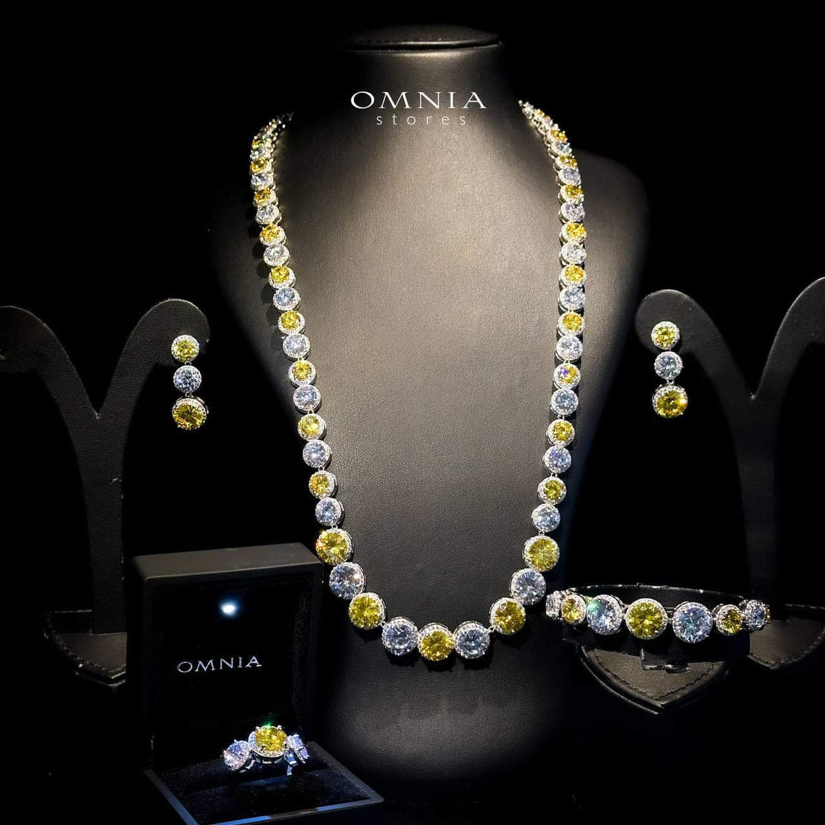 Omnia Sovana Long Chain Set in 92.5 Pure Silver Set High Quality Zircon Stone in Rhodium Plated image number null