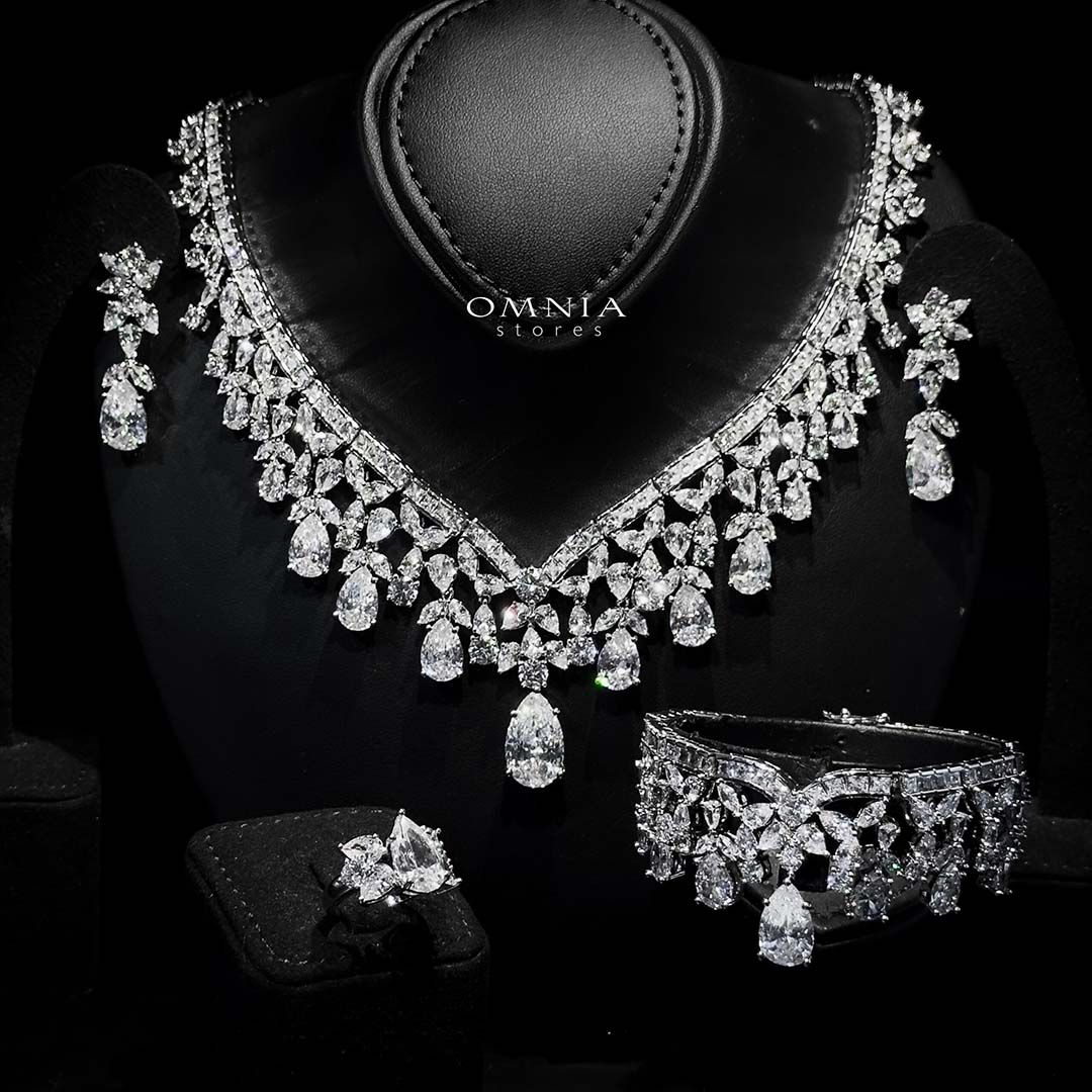 Omnia Princess White Luxury Bridal Full Set with Pear-Cut High-Quality Simulated Diamonds Rhodium Plated image number null