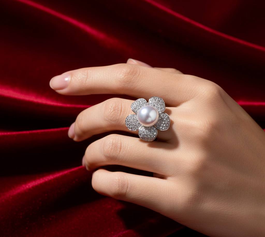 Omnia Najaah Floral Fresh Water Pearl Ring in 925 Silver In High Quality Simulated Diamonds image number null