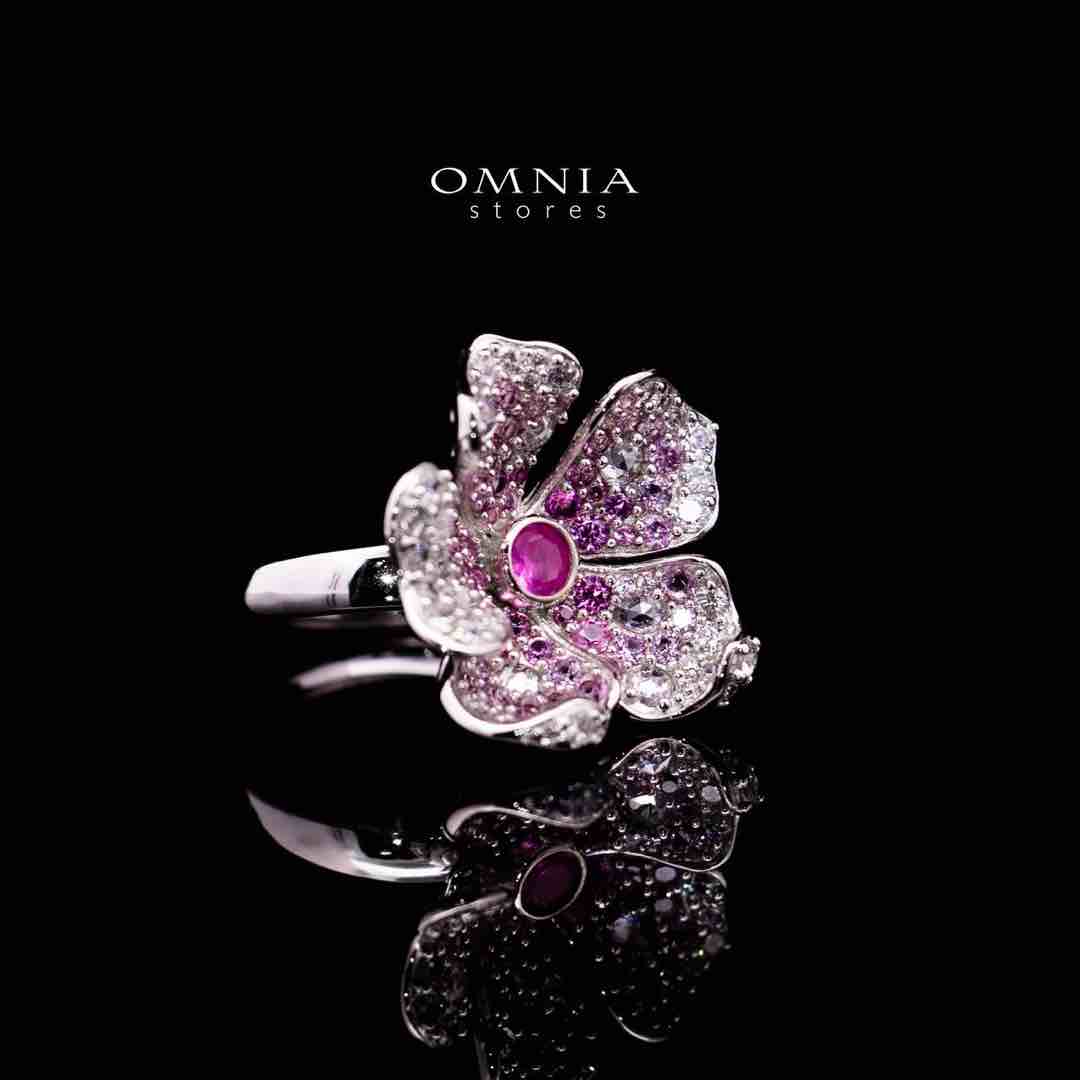 Omnia Yasmine Purple Flower Ring in 92.5 Silver with High Quality Simulated Diamonds image number null