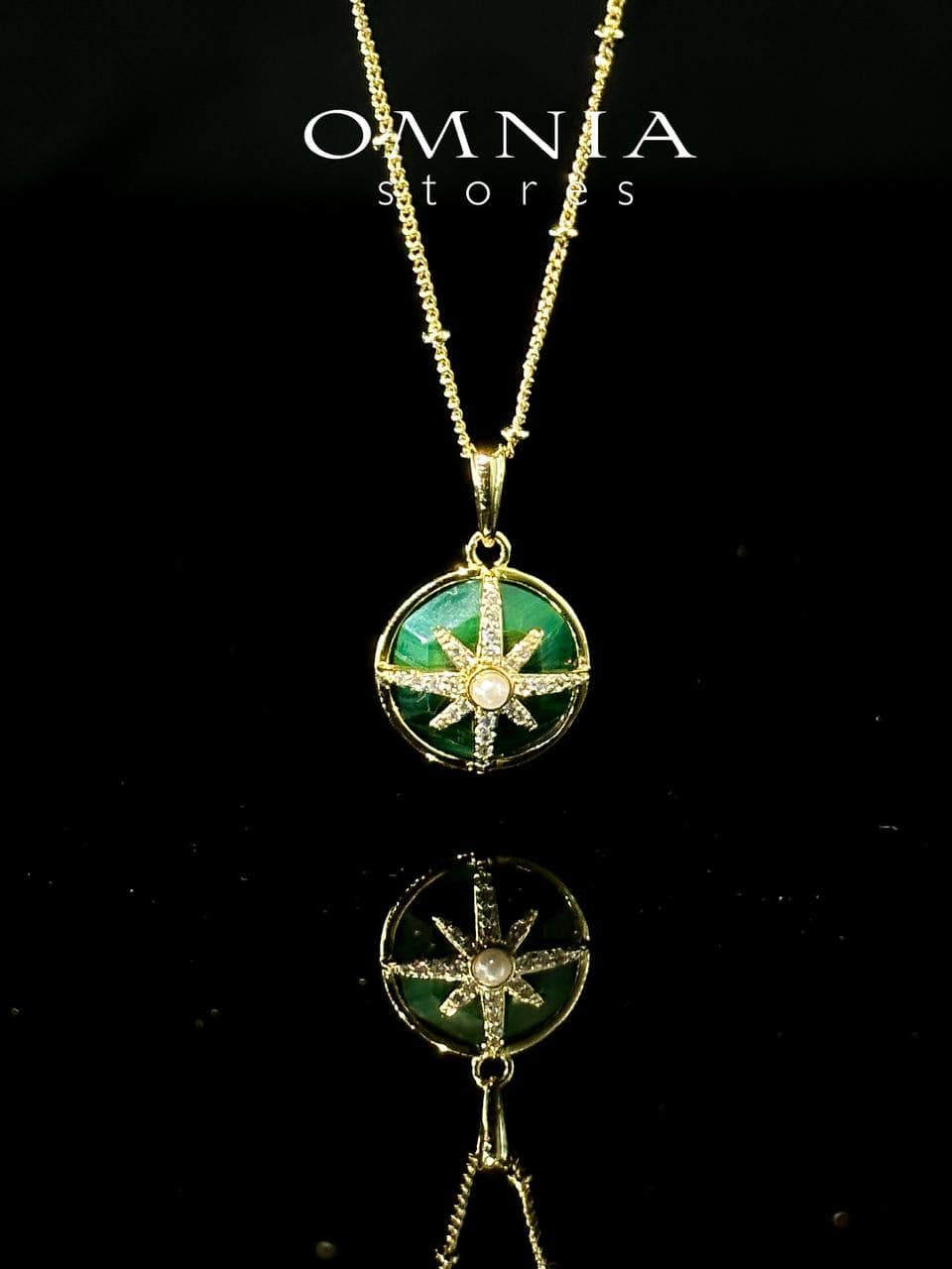 Omnia Afiya Necklace in Malachite Stone in High Quality Zircon Stone in Rhodium Plated image number null