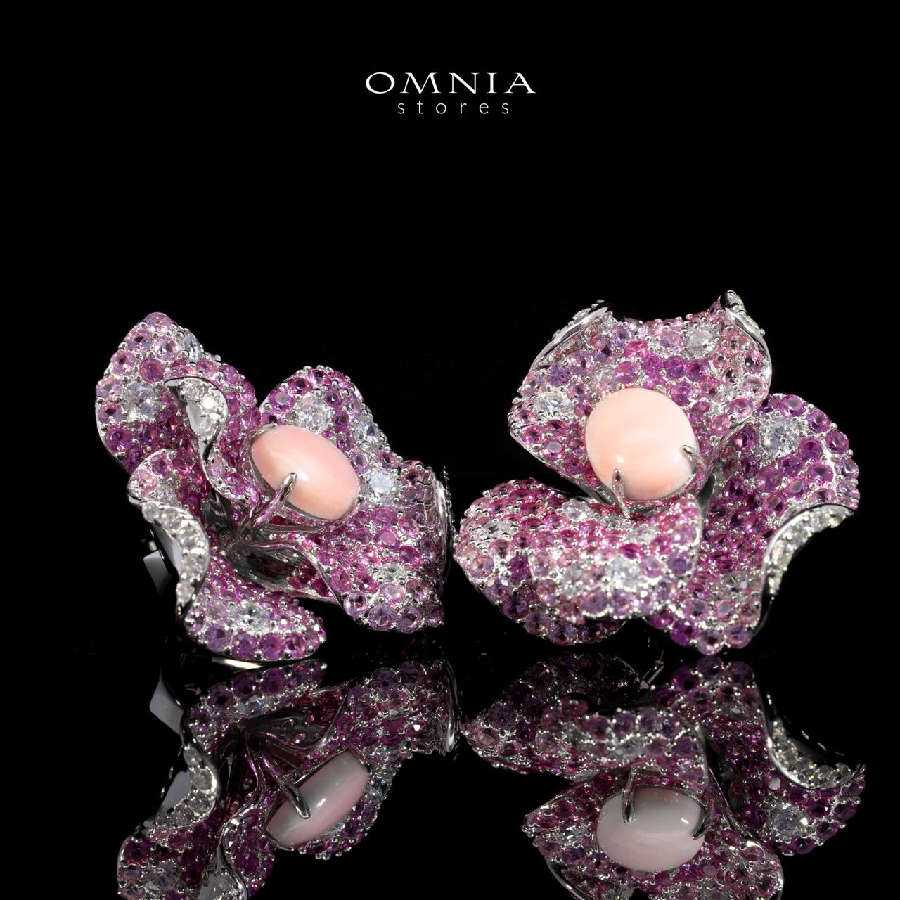 Omina Maiza Pink Coral Flower Earrings in 925 Silver with High Quality Pueple Simulated Diamond Stones image number null