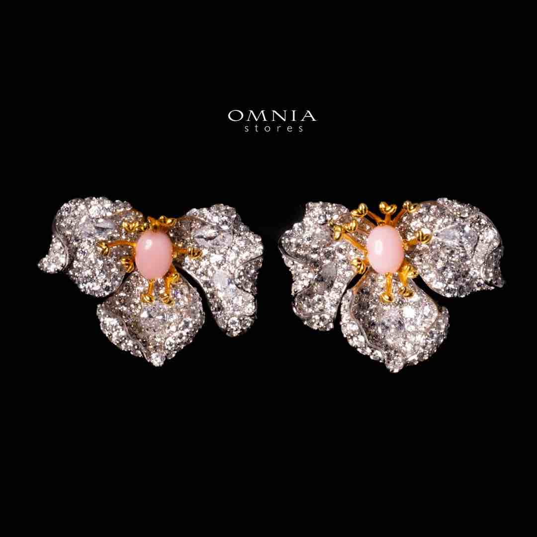 Omnia Fiora Pink Coral Flower Silver Clip Earrings in 925 Silver High Quality White Simulated Diamond Stones image number null