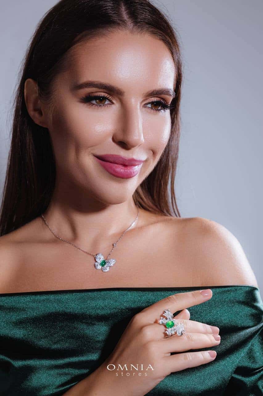 Omnia Layan Butterfly Pendant Necklace with Emerald Stone in 92.5 Silver High Quality Simulated Diamonds image number null