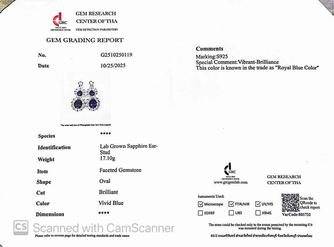 Omnia Nalia Silver Oval Drop Earrings 925 Silver in GRC Certifited High Quality Blue Sapphite Lab Grown Stones image number null