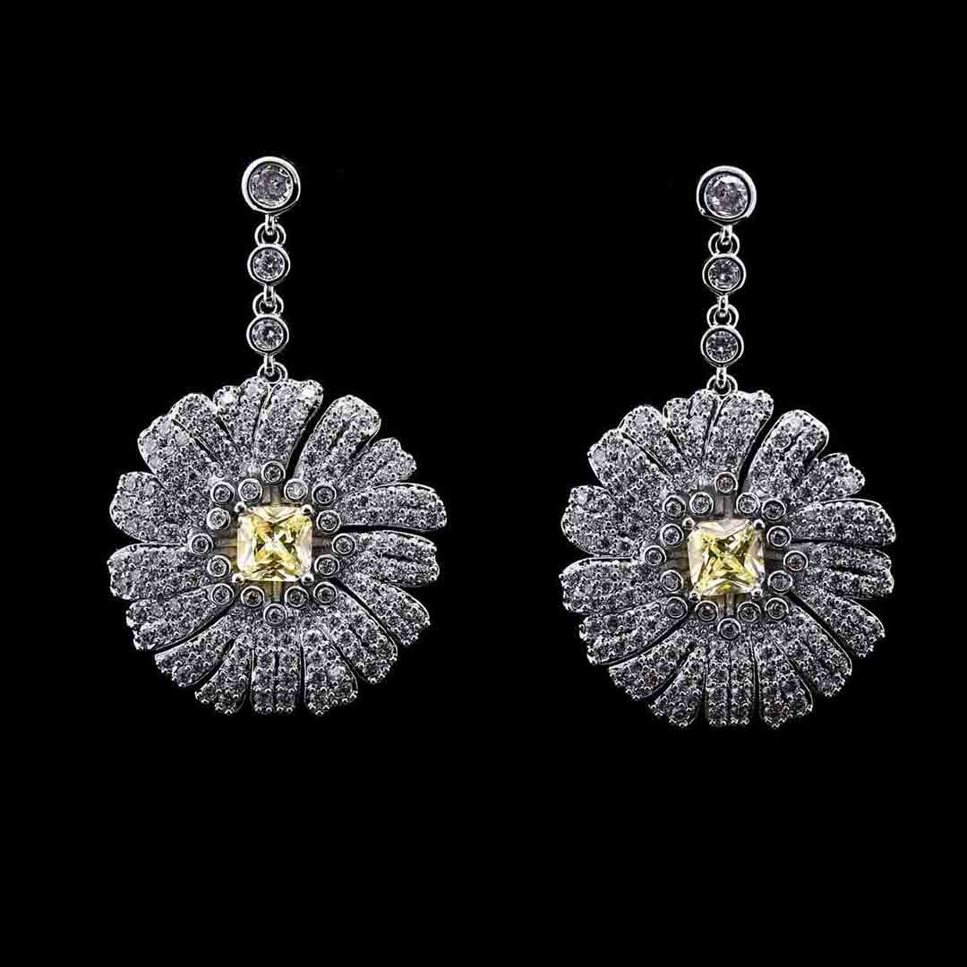 Omnia Shaden Yellow Radiant Floral Drop Earrings with High-Quality Zircon Stones in Rhodium-Plated Finish image number null