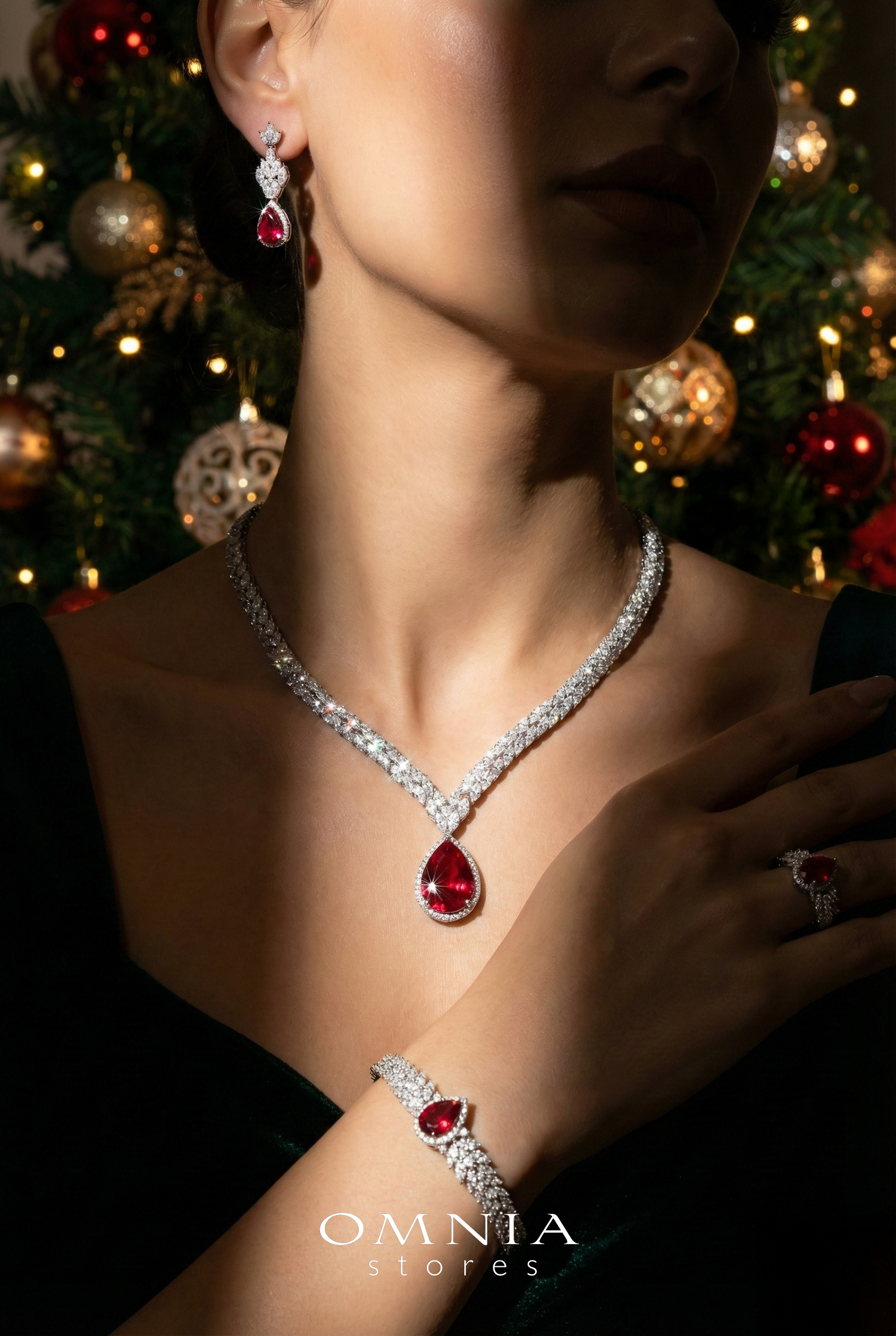 Omnia Aamira Teardrop-Design Bridal Red Full Set with High-Quality Zircon Stones in Rhodium-Plated Finish image number null