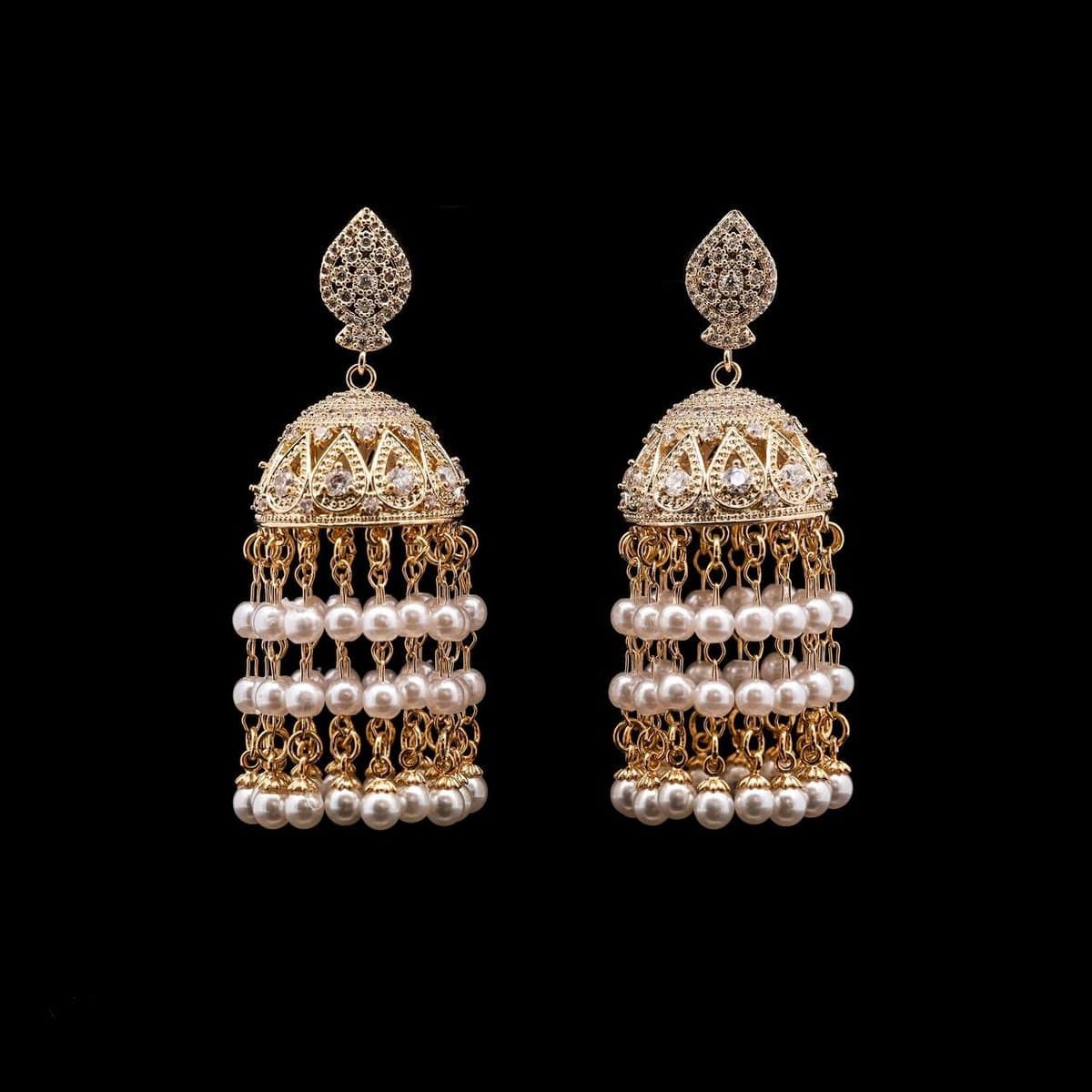 Omnia Safa Gold Earrings with Intricate Filigree Design, Pave-Set High-Quality Zircon Stones, and Layered Pearl Tassels in a Gold-Tone Rhodium Plated Finish image number null