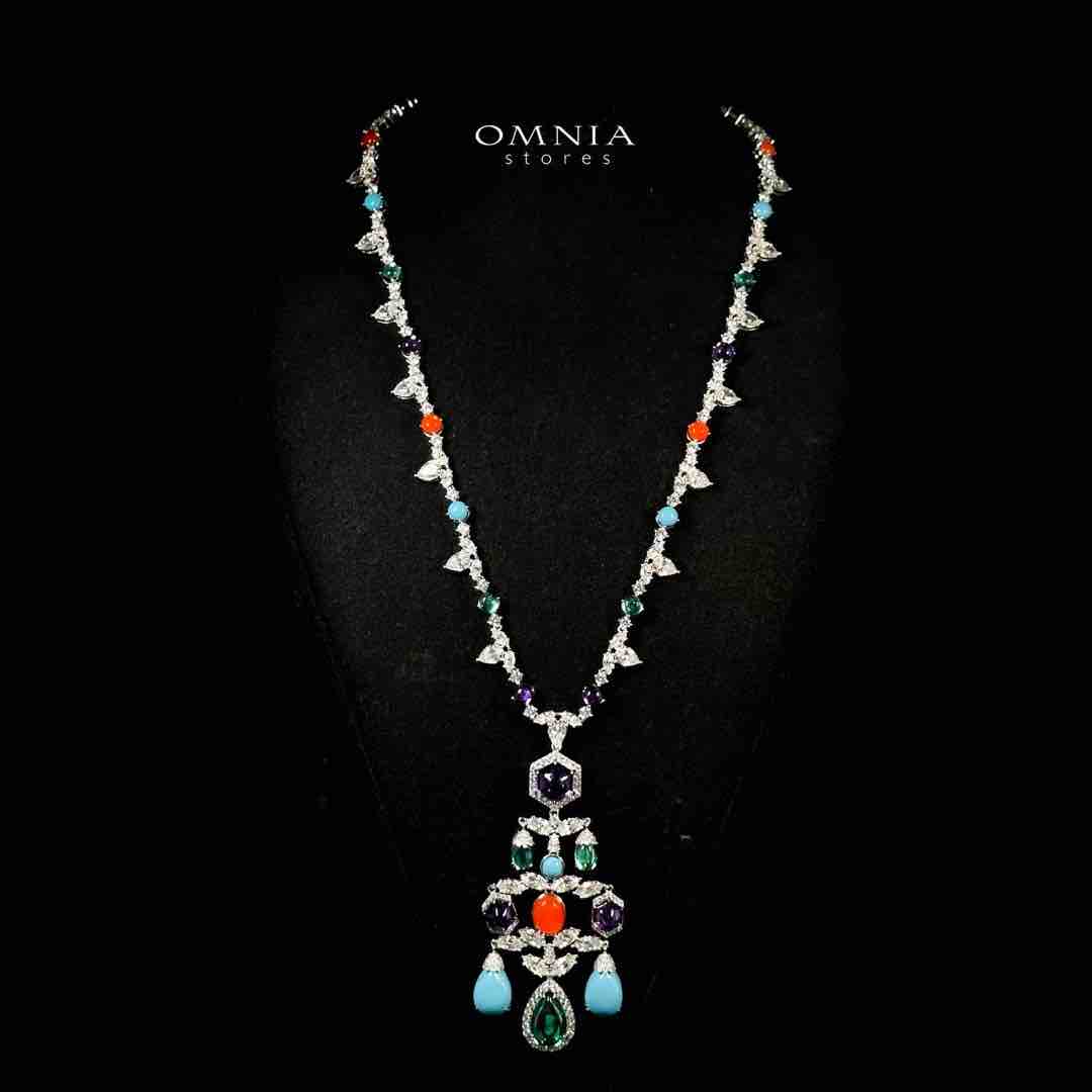 Omnia Raniya Chandelier Multi Color Silver Long Chain Necklace In 925 Silver High Quality Certified Lab Crafted Stones image number null