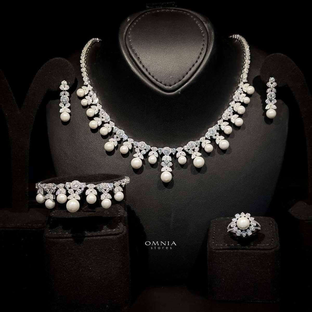 Omnia Rahma Bridal Full Set in 92.5 Silver with High Quality Simulated Diamonds and Elegant Pearl Accents image number null