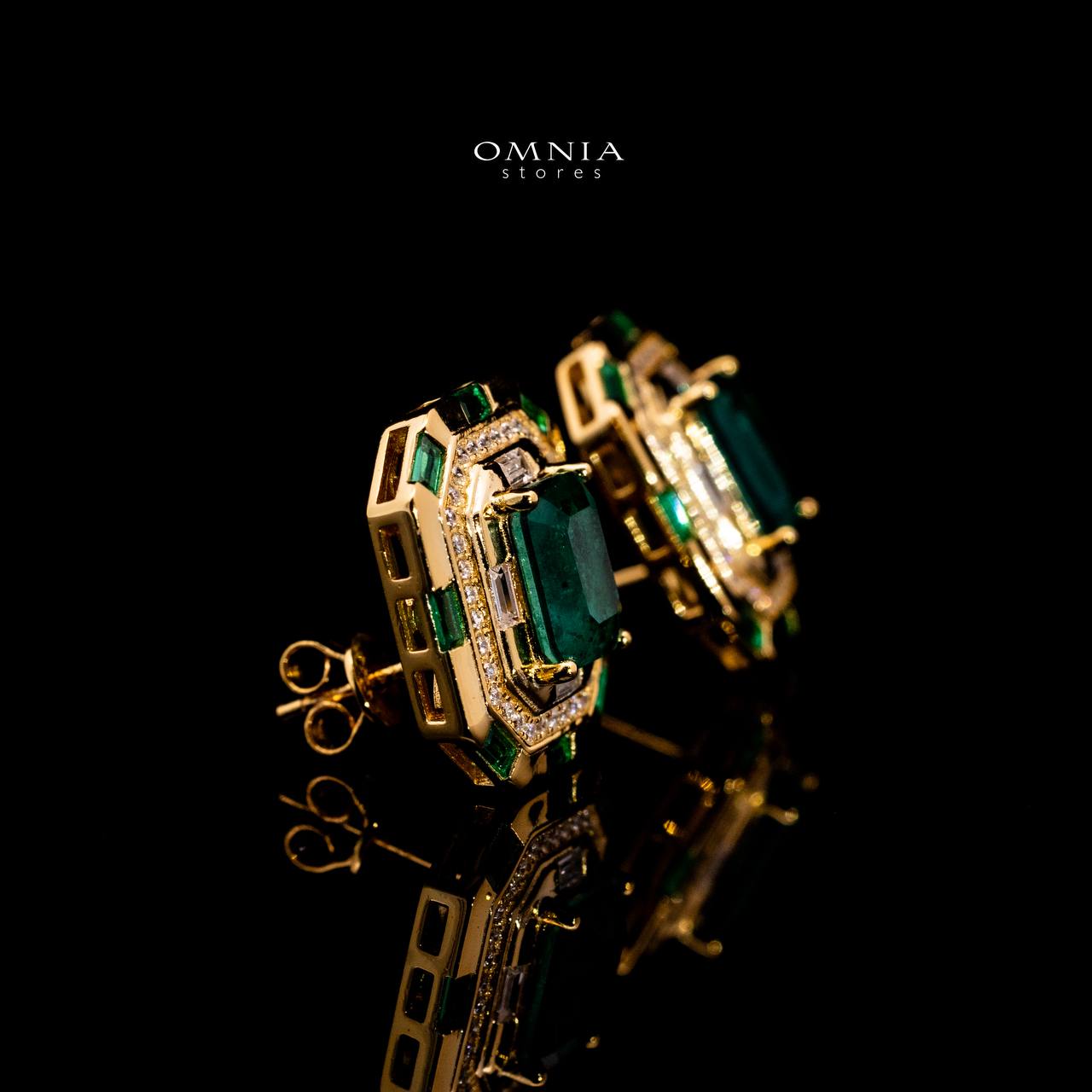 Omnia Zyra Emerald Green Golden Stud Earrings in 925 Silver with High Quality Simulated Diamonds image number null