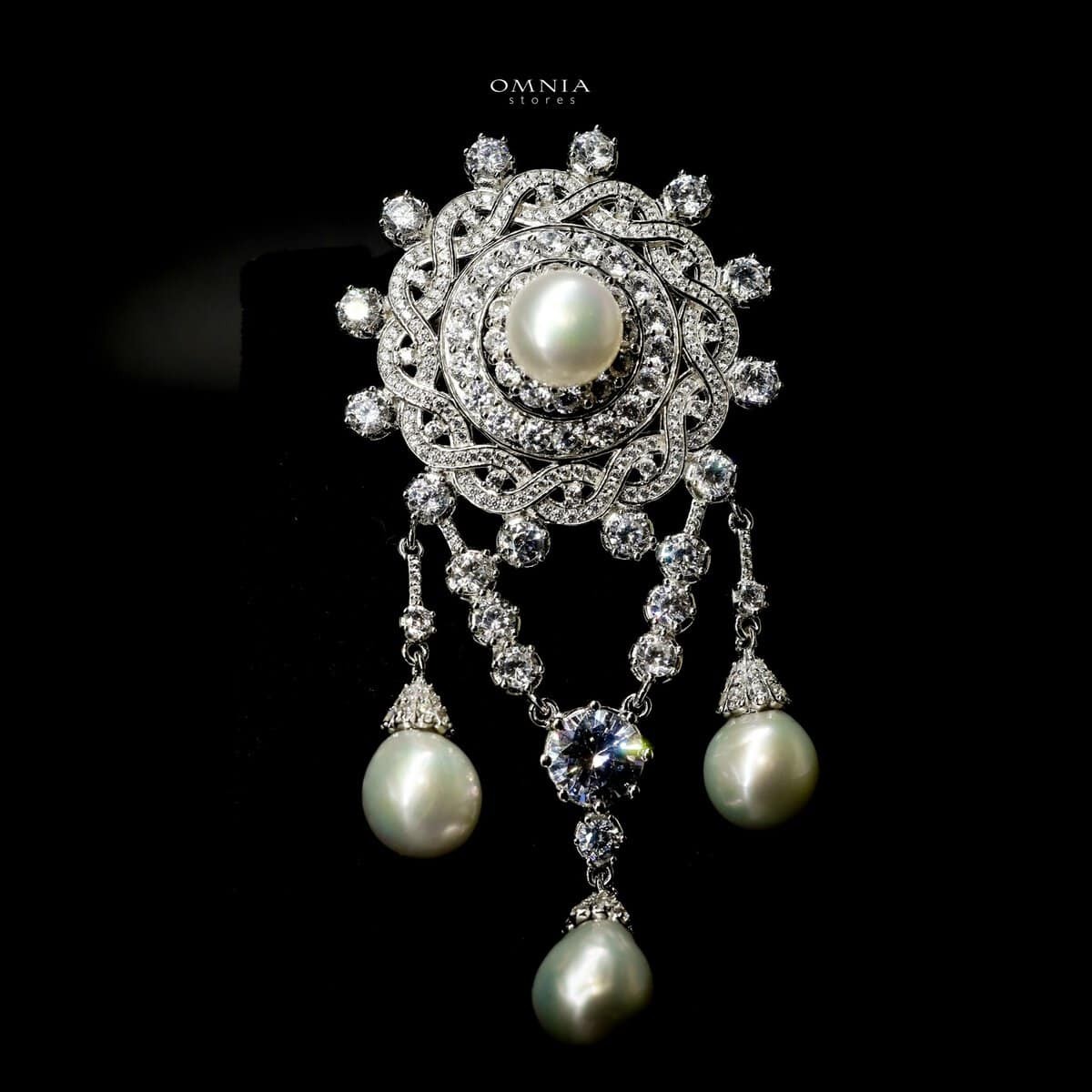 Omnia Willow Fresh Real Water Pearl brooch in 92.5 Silver In High Quality Simulated diamonds image number null