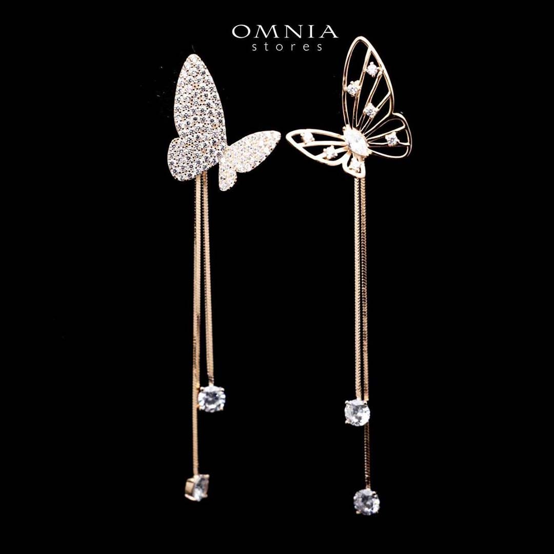 Omnia Basma Butterfly Rose Gold Long Drop Earrings in 92.5 Silver With High Zircon Stone image number null