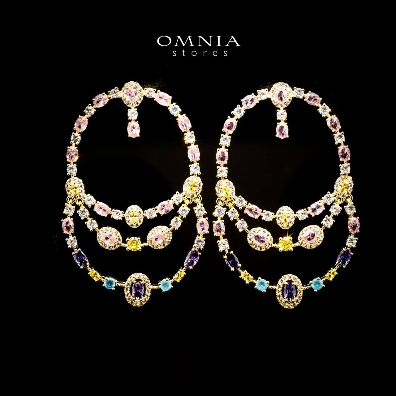 Omnia Laila Layered Earrings with Multicolor Zircon in High Quality Rhodium Plated image number null
