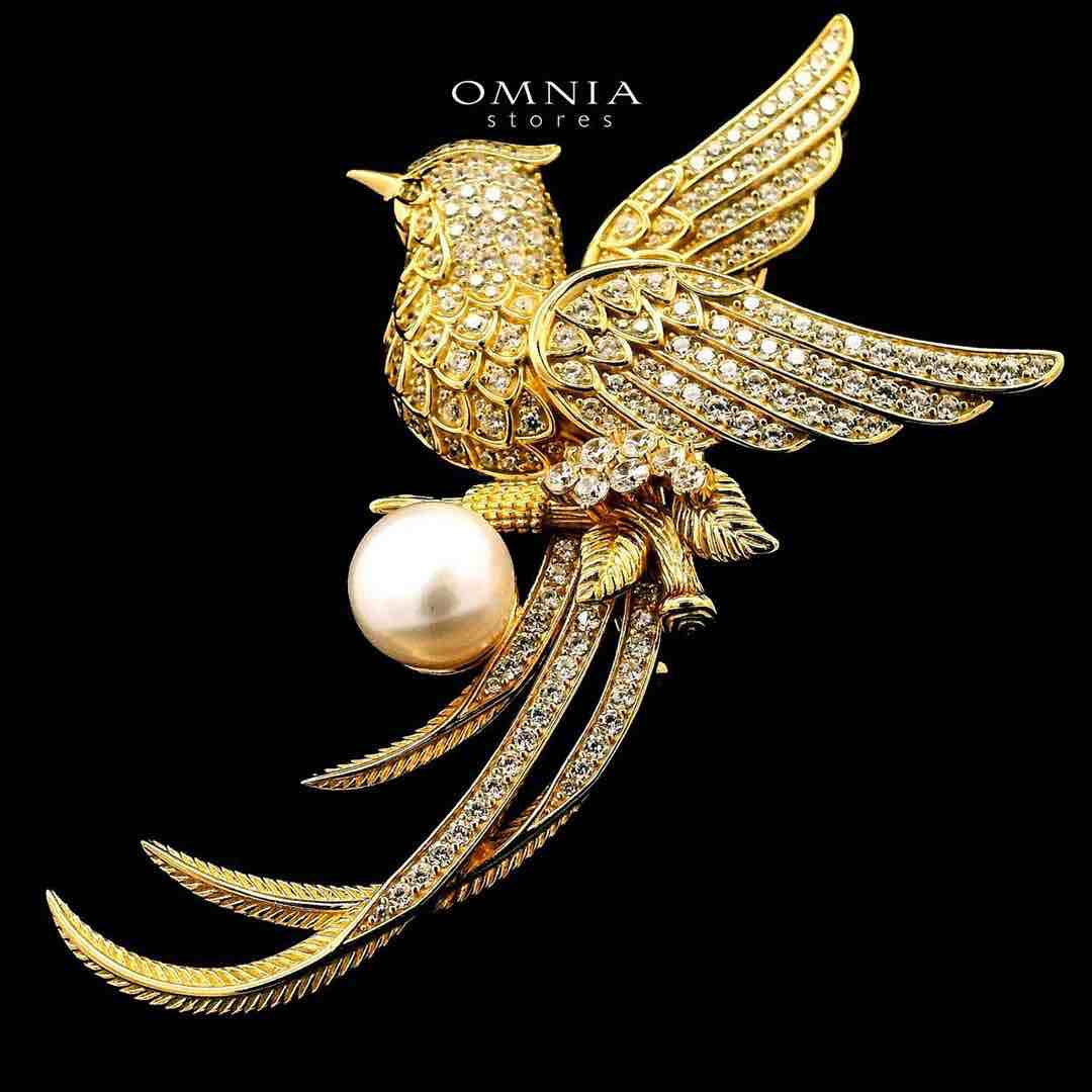 Omnia Batoul Fresh Real Water Pearl Golden Brooch in 925 Silver In High Quality Simulated Diamonds image number null