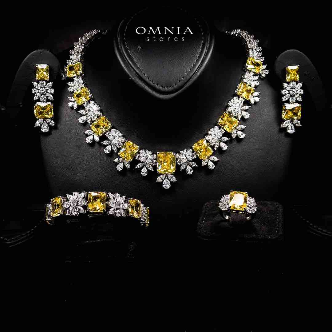 Omnia Charlotte Yellow Luxry Bridal Full Set with Emerald and Pear-Cut High-Quality Simulated Diamonds Rhodium Plated image number null