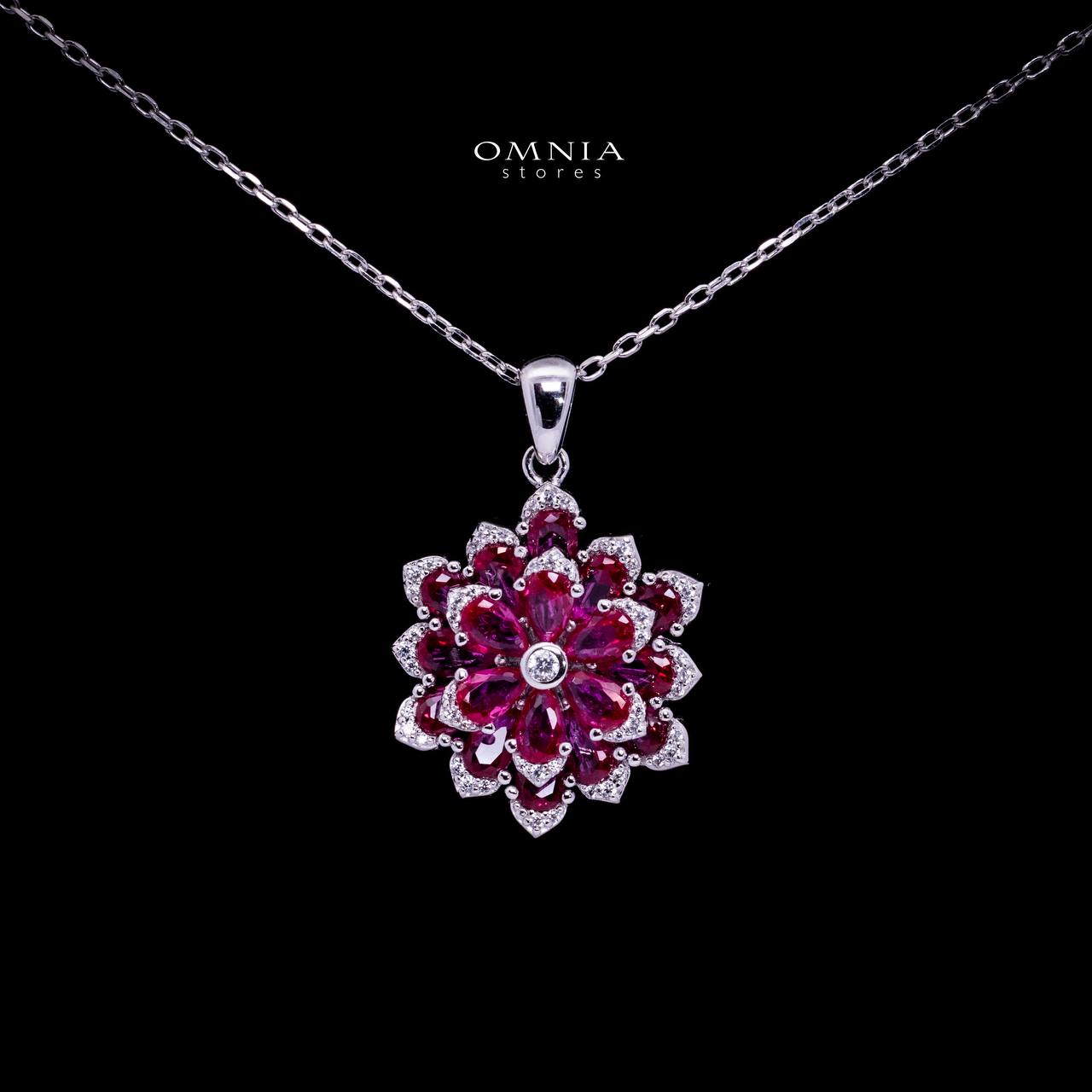 Omnia Damiyah Red Floral Silver Pendant Necklace in 925 Silver with High Quality Simulated Diamonds image number null