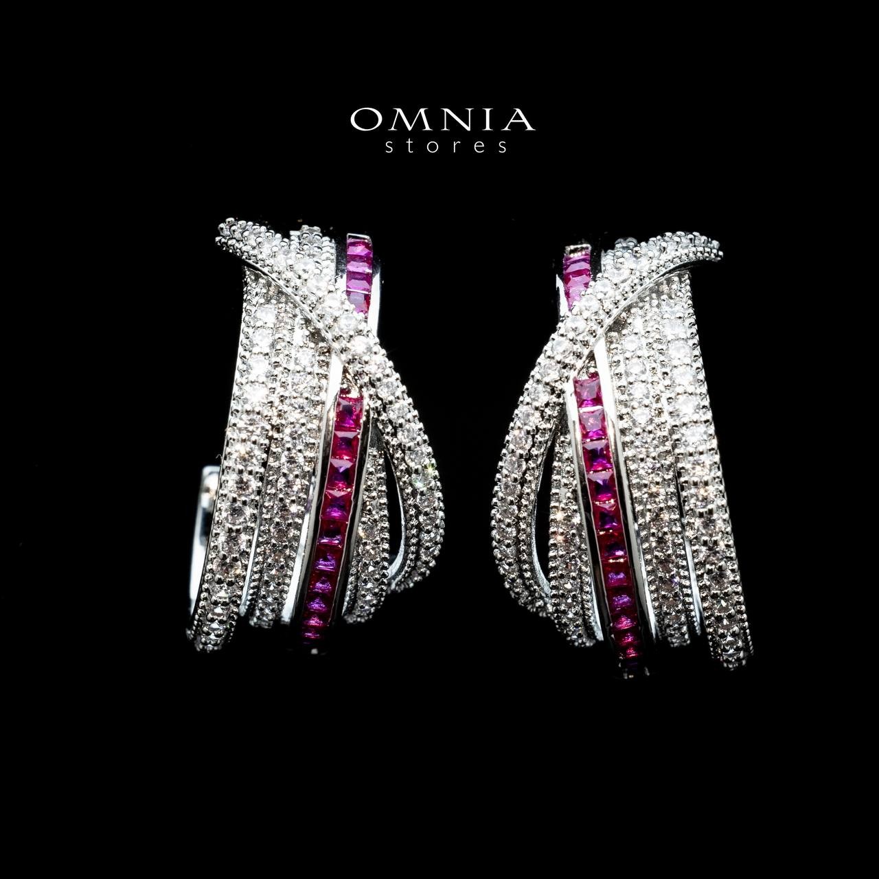 Omnia Tiffany Double Tone Wrap Hoop Earrings with Maroon Zircon in High Quality Rhodium Plated image number null
