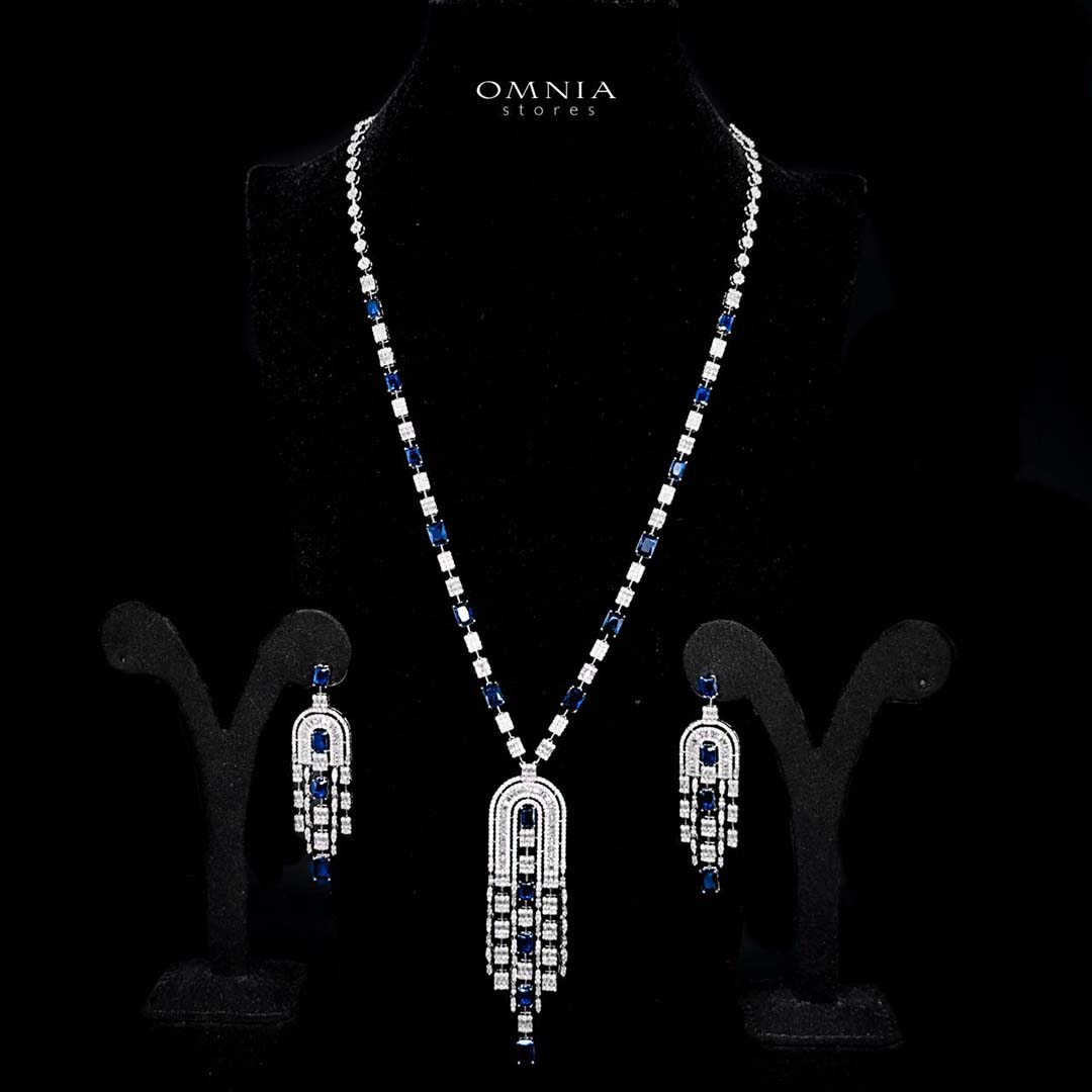 Omnia Jane Blue Bridal Long Chain Set in Rhodium Plated Finish with High-Quality Zircon Stones image number null