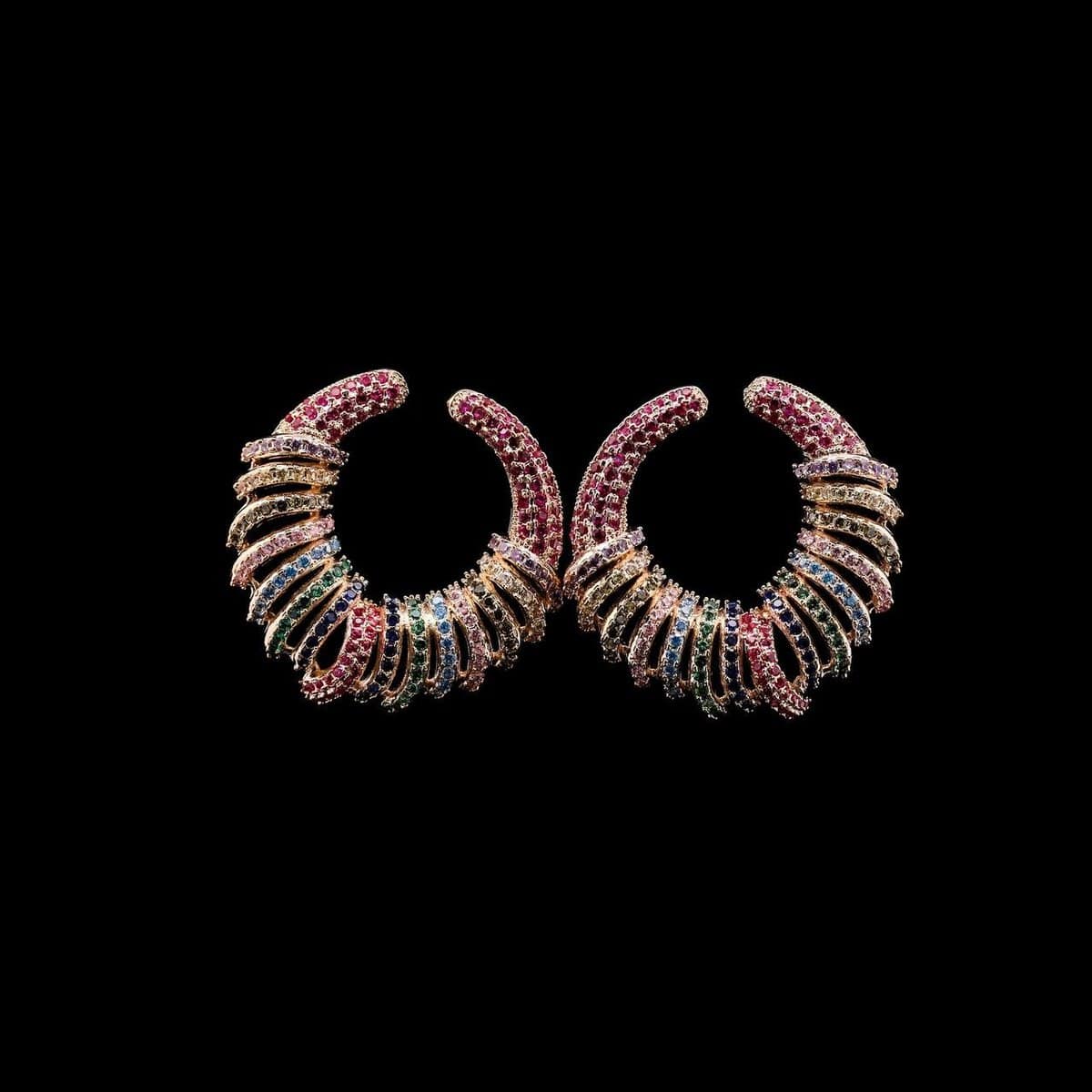 Omnia Narmeen Multicolored Spiral Hoop Earrings with High-Quality Zircon Stones in Rhodium-Plated Finish image number null