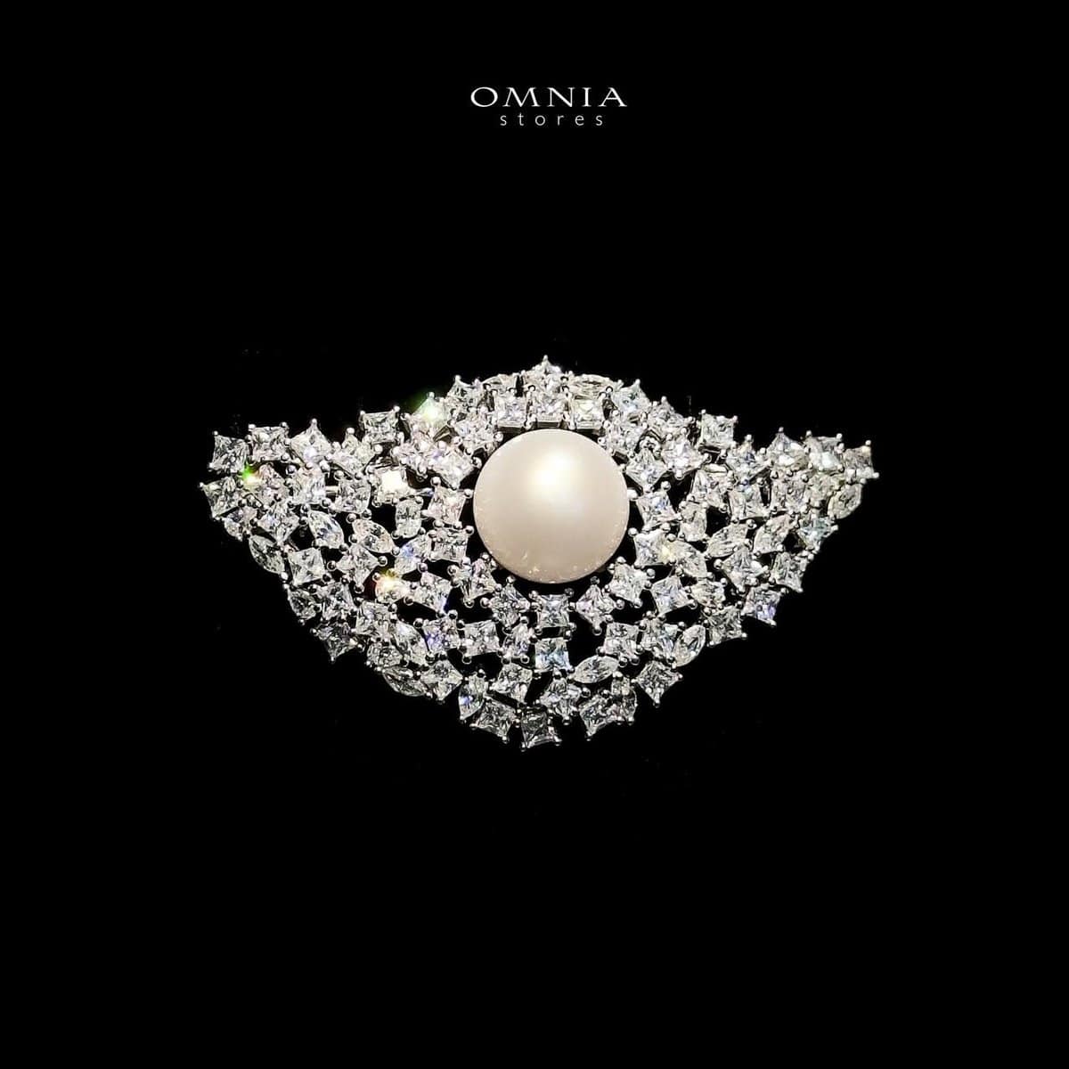 Omnia Radiant Real Freshwater Pearl Brooch in 92.5 Silver with High Quality Simulated Diamonds image number null