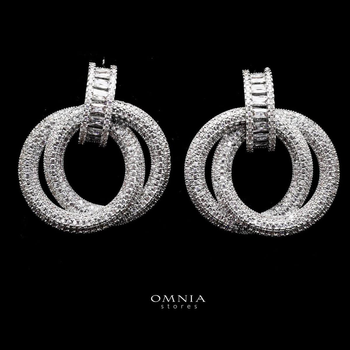 Omnia Ivana Double Hoop White Earrings in High Quality Zircon Stone Rhodium Plated image number null