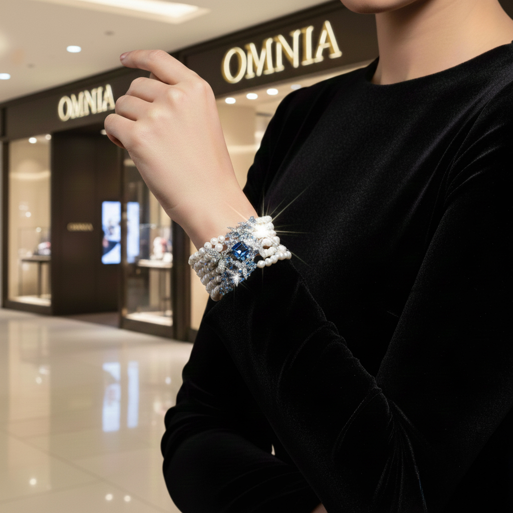 Omnia Blue Butterfly Pearl Bracelet in 92.5 Silver with High Quality Simulated Diamonds image number null