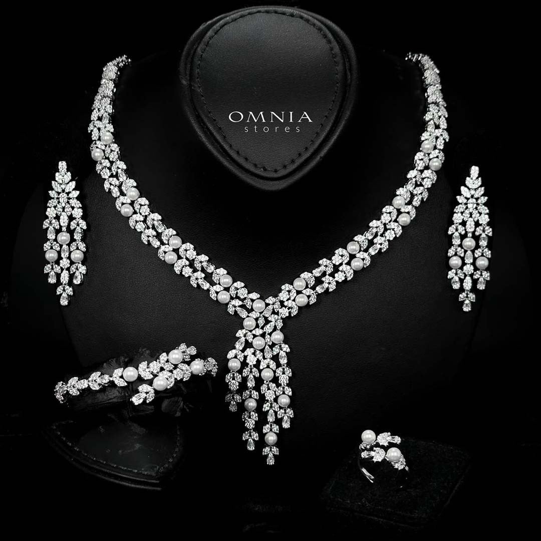 Omnia Samarah Pearl Luxury Bridal White Pearl Full Set in High Quality Zircon Stone Rhodium Plated(18cm Only Available in ksa) image number null