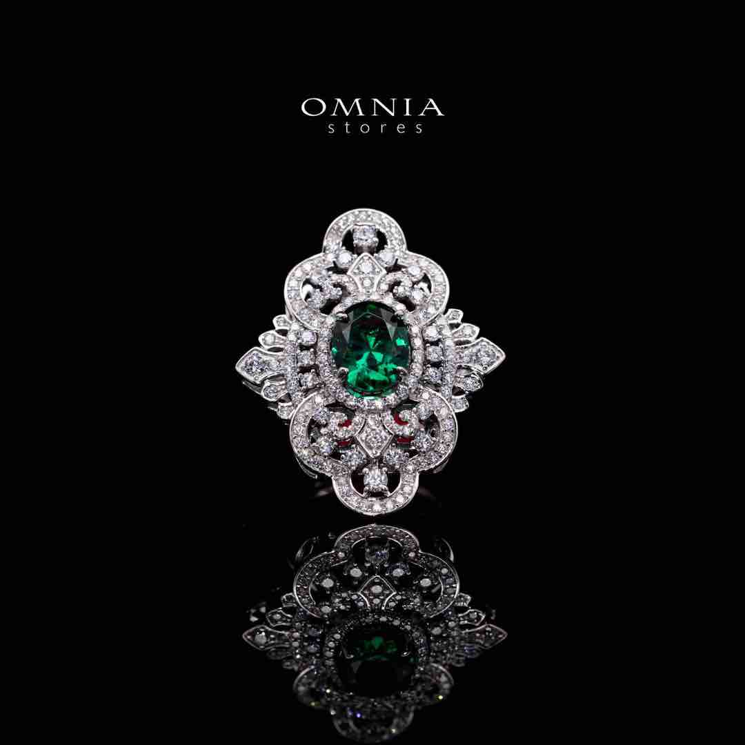 Omnia Bayan Green Silver Ring in 925 Silver with High Quality White Simulated Diamonds image number null