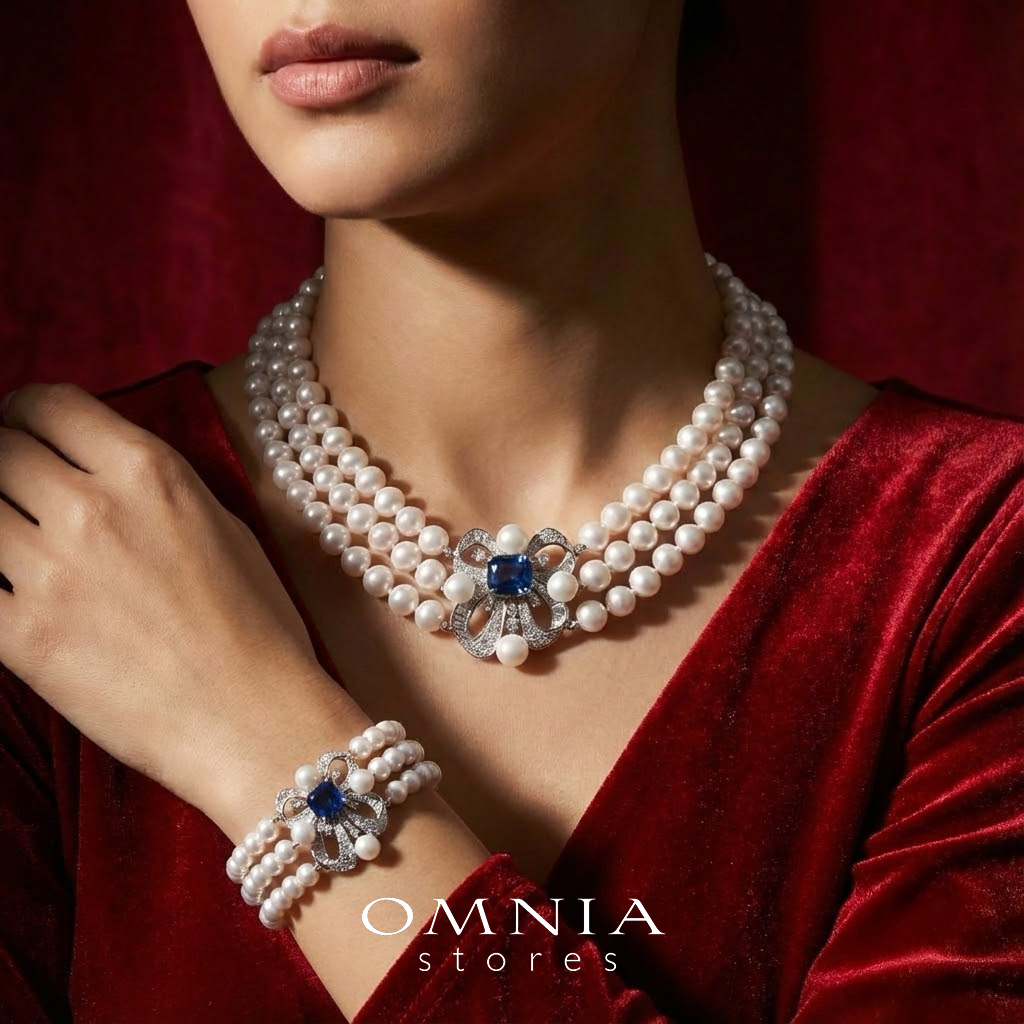 Mahboobeh Blue Pearl Necklace and Bracelet Set in 925 Silver with High Quality Simulated Diamonds image number null