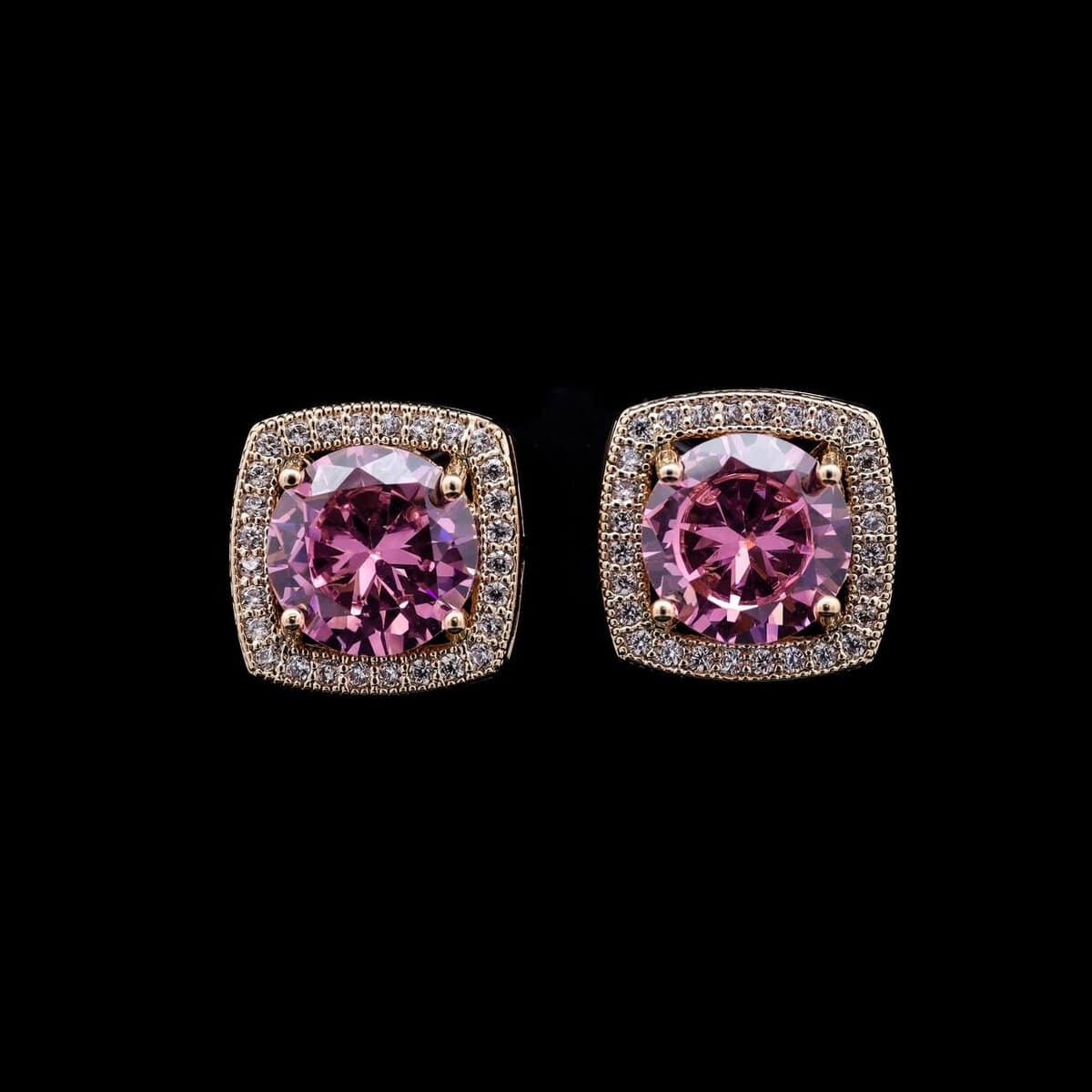 Omnia Pink Golden Halo Stud Earrings in High-Quality Zircon Stone in Rhodium Plated image number null