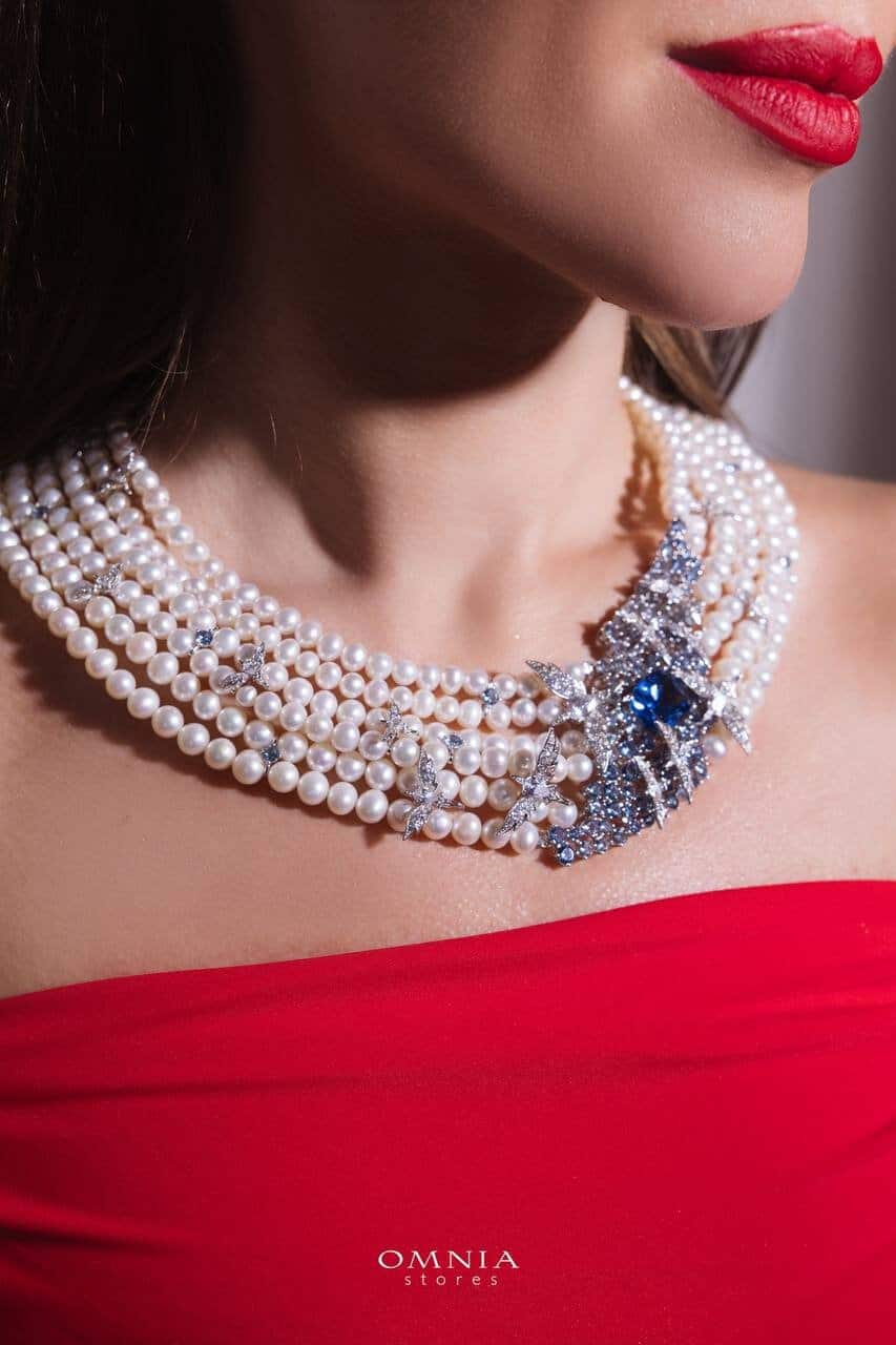 Omnia Blue Butterfly Pearl Necklace in 92.5 Silver with High Quality Simulated Diamonds image number null