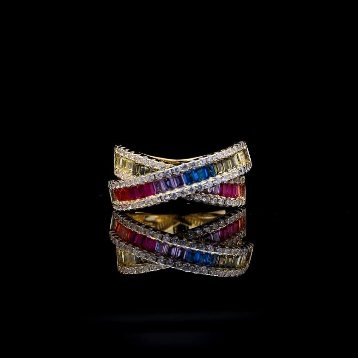 Omnia Dana Multi-Colored Criss-Cross Ring in Pure Gold with High-Quality Simulated Diamonds image number null
