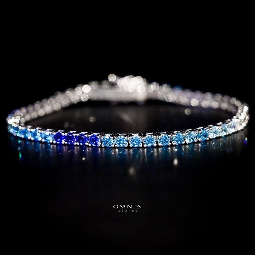 Omnia Tasneem Blue 3mm Tennis Bracelet in 92.5 Silver High Quality Simulated diamonds image number null
