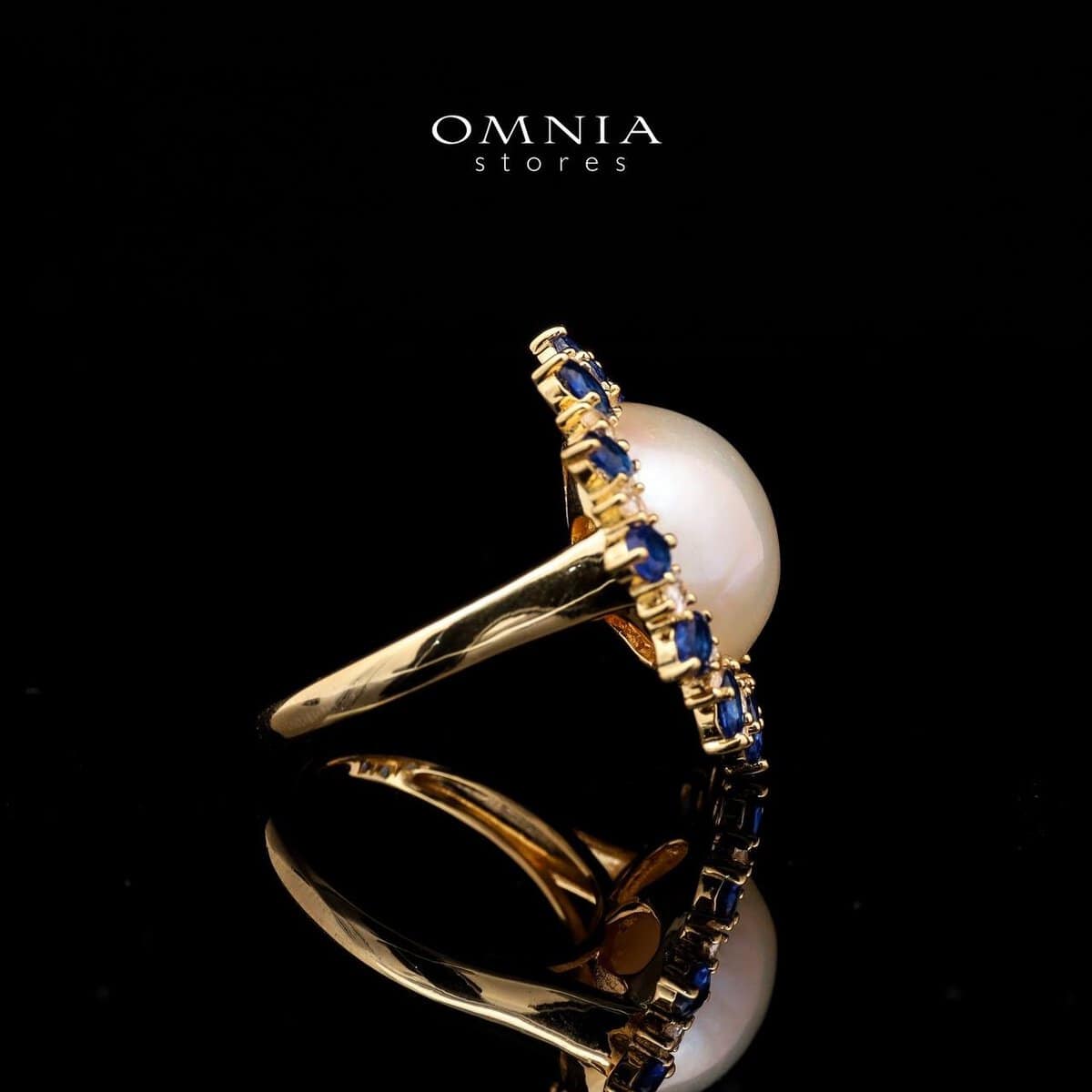 Omnia Celeste White Mabel Pearl Halo Ring with Blue Sapphire Accents in Brass with Gold Plated Finish image number null
