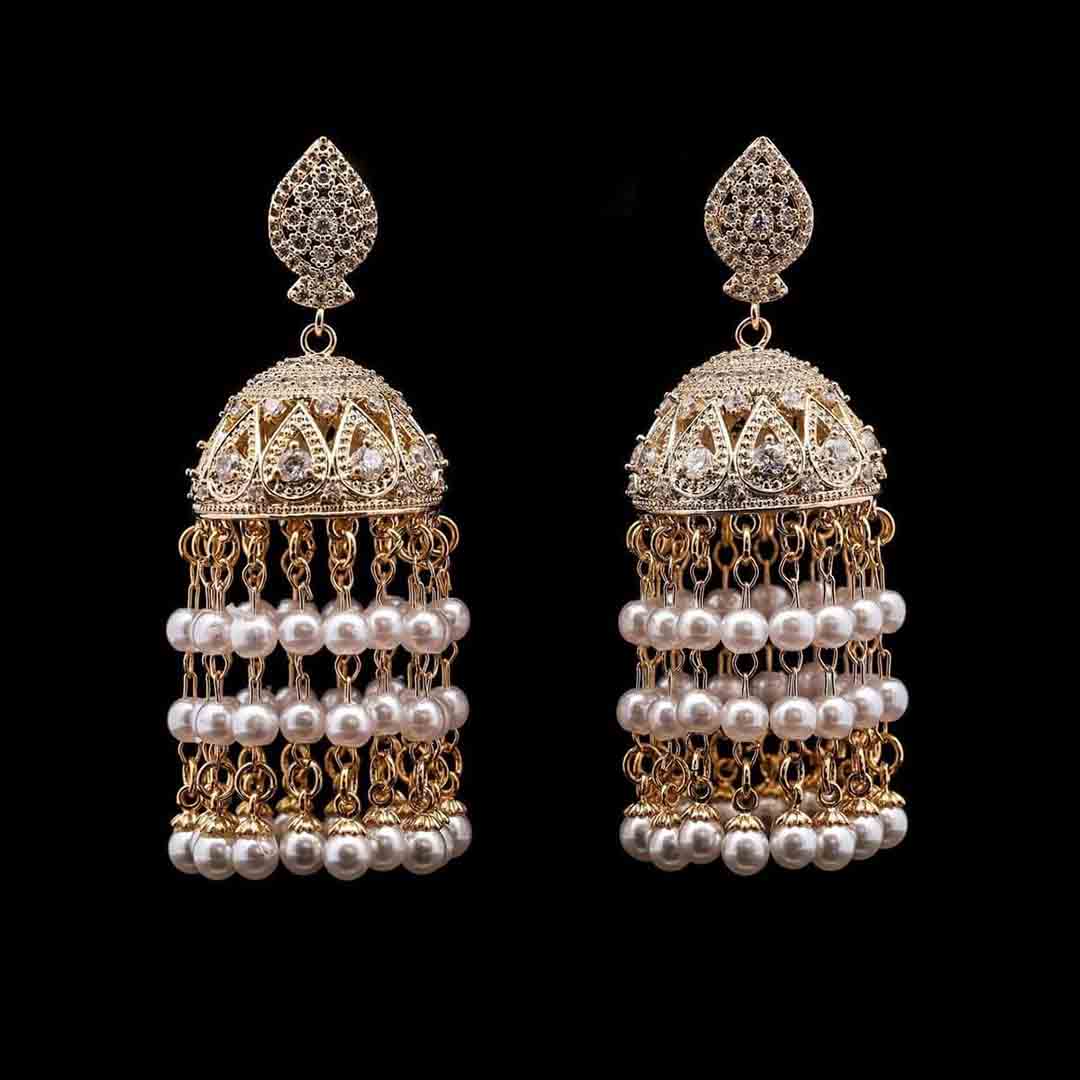 Omnia Safa Gold Earrings with Intricate Filigree Design, Pave-Set High-Quality Zircon Stones, and Layered Pearl Tassels in a Gold-Tone Rhodium Plated Finish image number null