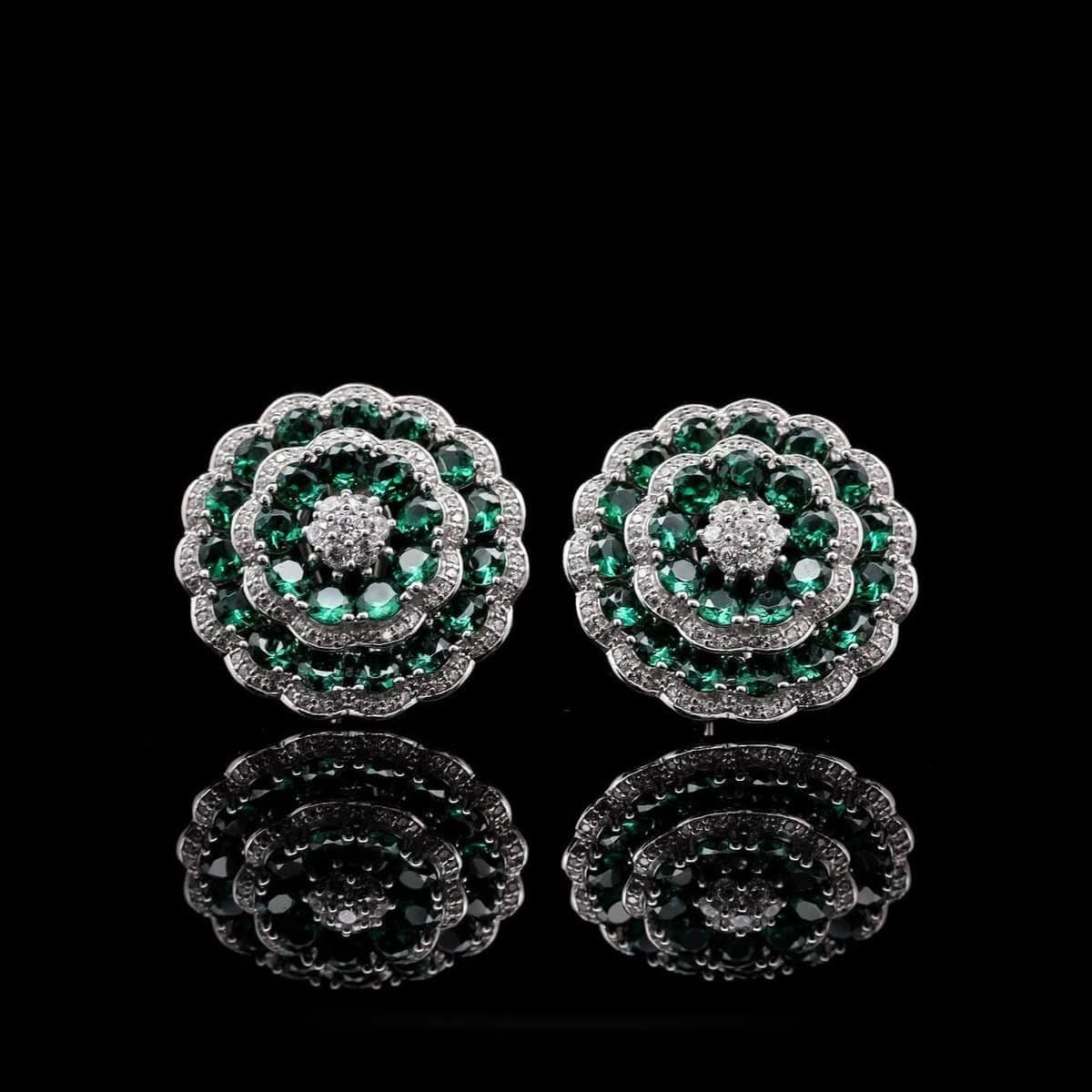 Omnia Floral Halo Earrings with Emerald Green Simulated Diamonds in 92.5 Silver image number null