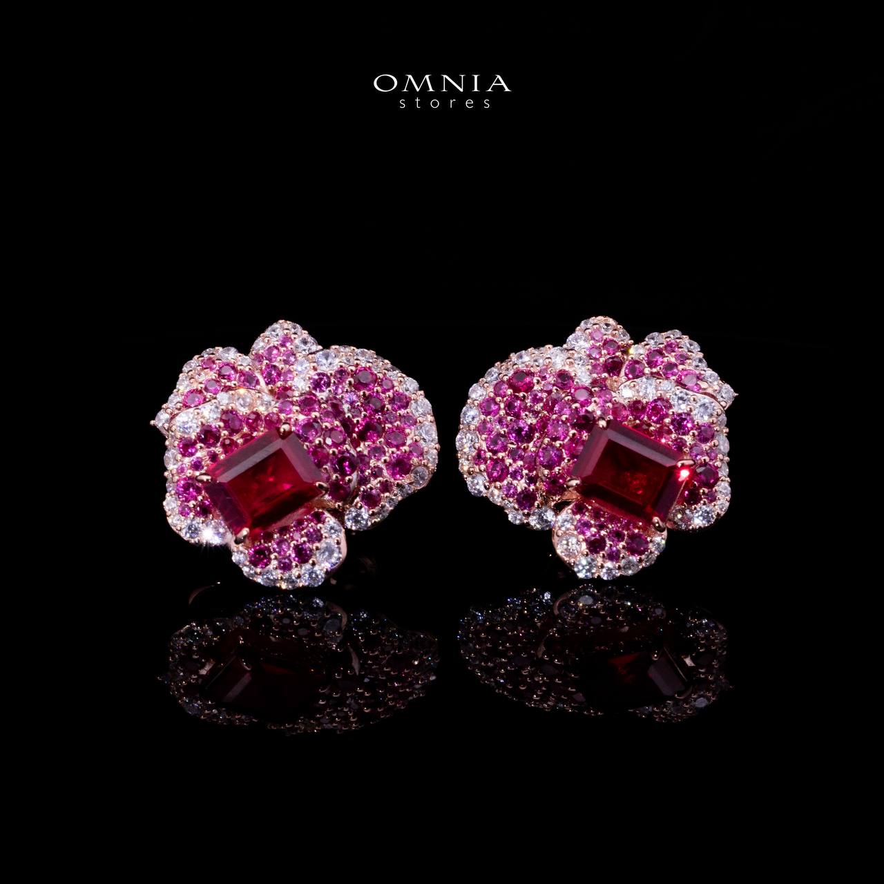 Omnia Masa Floral Earrings with Pink Emerald-Cut Stones in 92.5 Silver with High-Quality Simulated Diamonds image number null