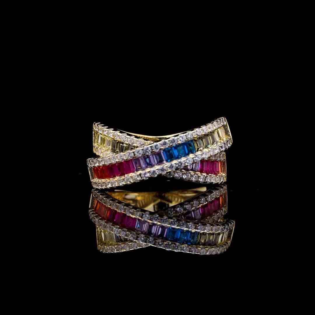 Omnia Dana Multi-Colored Criss-Cross Ring in Pure Gold with High-Quality Simulated Diamonds image number null