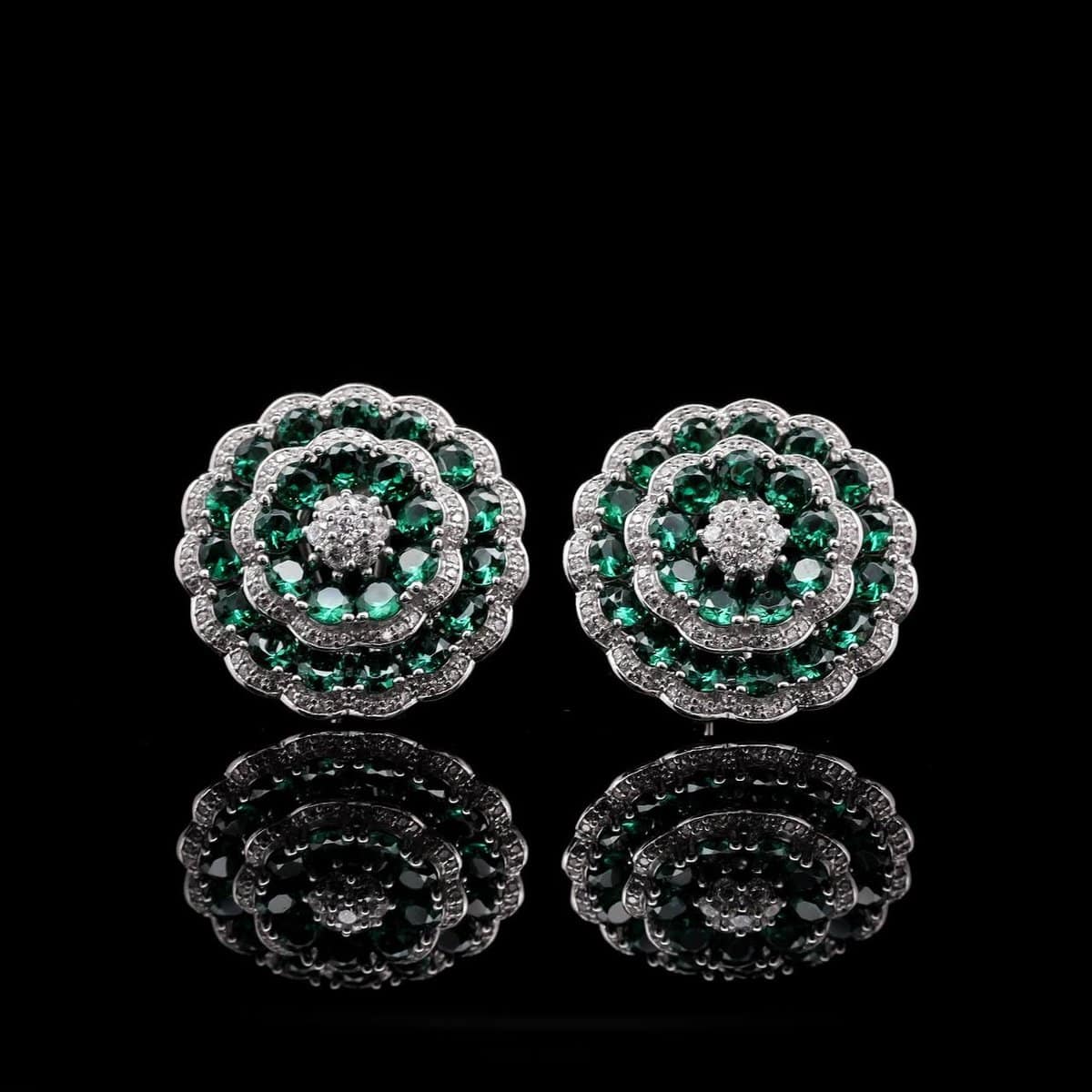 Omnia Floral Halo Earrings with Emerald Green Simulated Diamonds in 92.5 Silver image number null