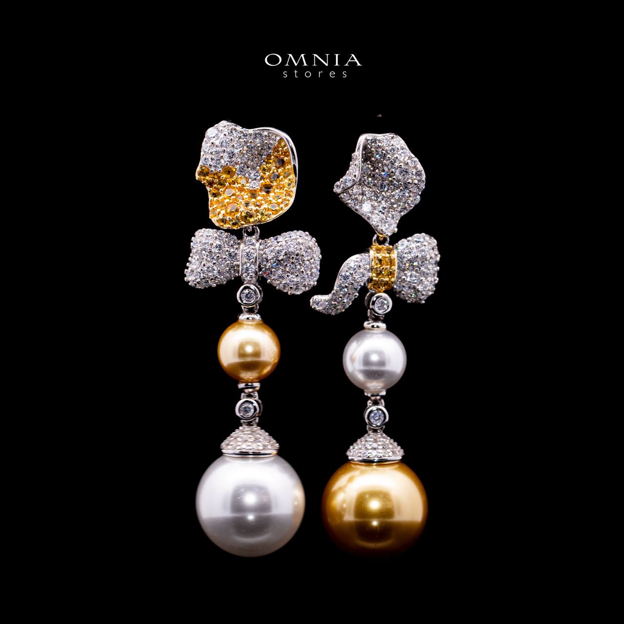 Omnia Haseena White and Gold Fresh Pearl Floral Drop Earrrings in 925 Silver In High Quality Simulated Diamonds image number null